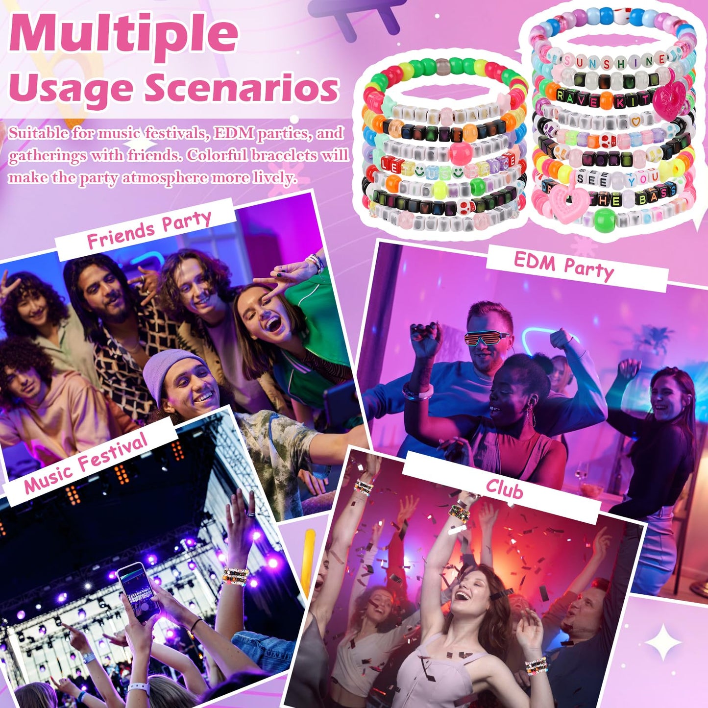 SMAODSGN 32Pcs Music Party Bracelets Set Glow In The Dark EDM Music Stretch Bracelets Multi Color Beaded Cuff Music Party Favor for Women Men Friends EDM Festival