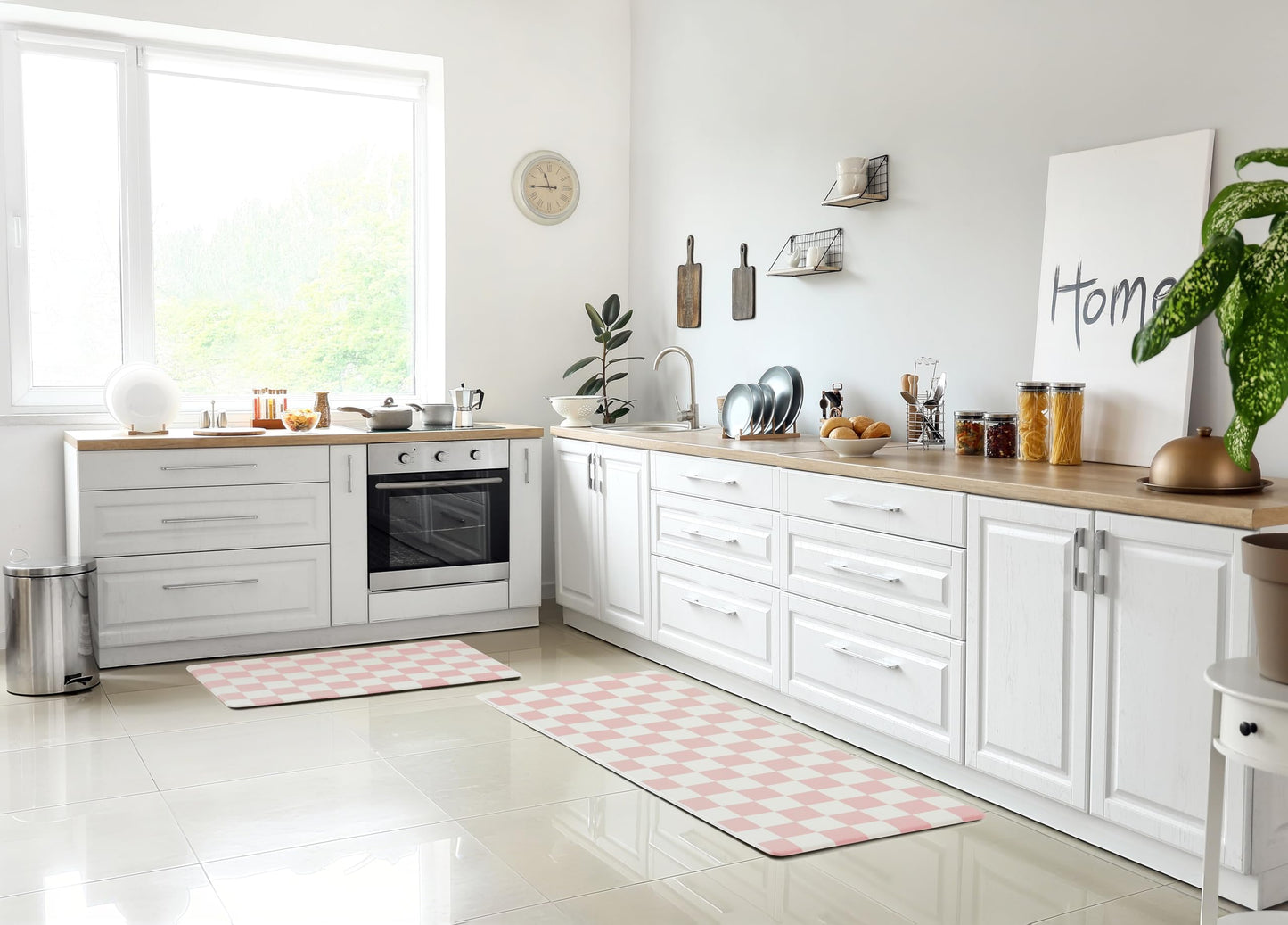Ohocut Pink Checkered Kitchen Mats for Floor Set of 2, 2 Pcs Cushioned Non Slip Runner Rugs for Kitchen/Sink/Laundry, Comfort Aesthetic Cute Anti-Fatigue Foam Floor Mat 17.3"x29.5"+17.3"x47.2"