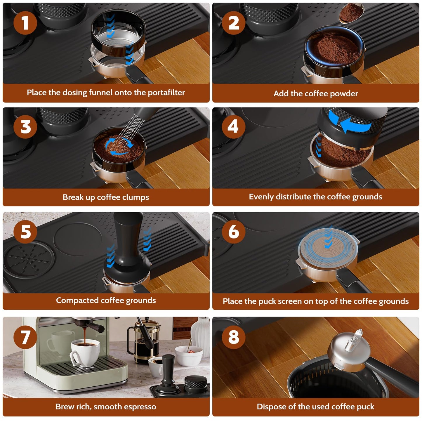7 PCS Espresso Accessories, 54mm Espresso Tamper Tools, Coffee Distributor, WDT Tool Espresso Machine Accessories, Food Grade Silicone Espresso Tamping Mat, Dosing Funnel, Cleaning Brush & Puck Screen