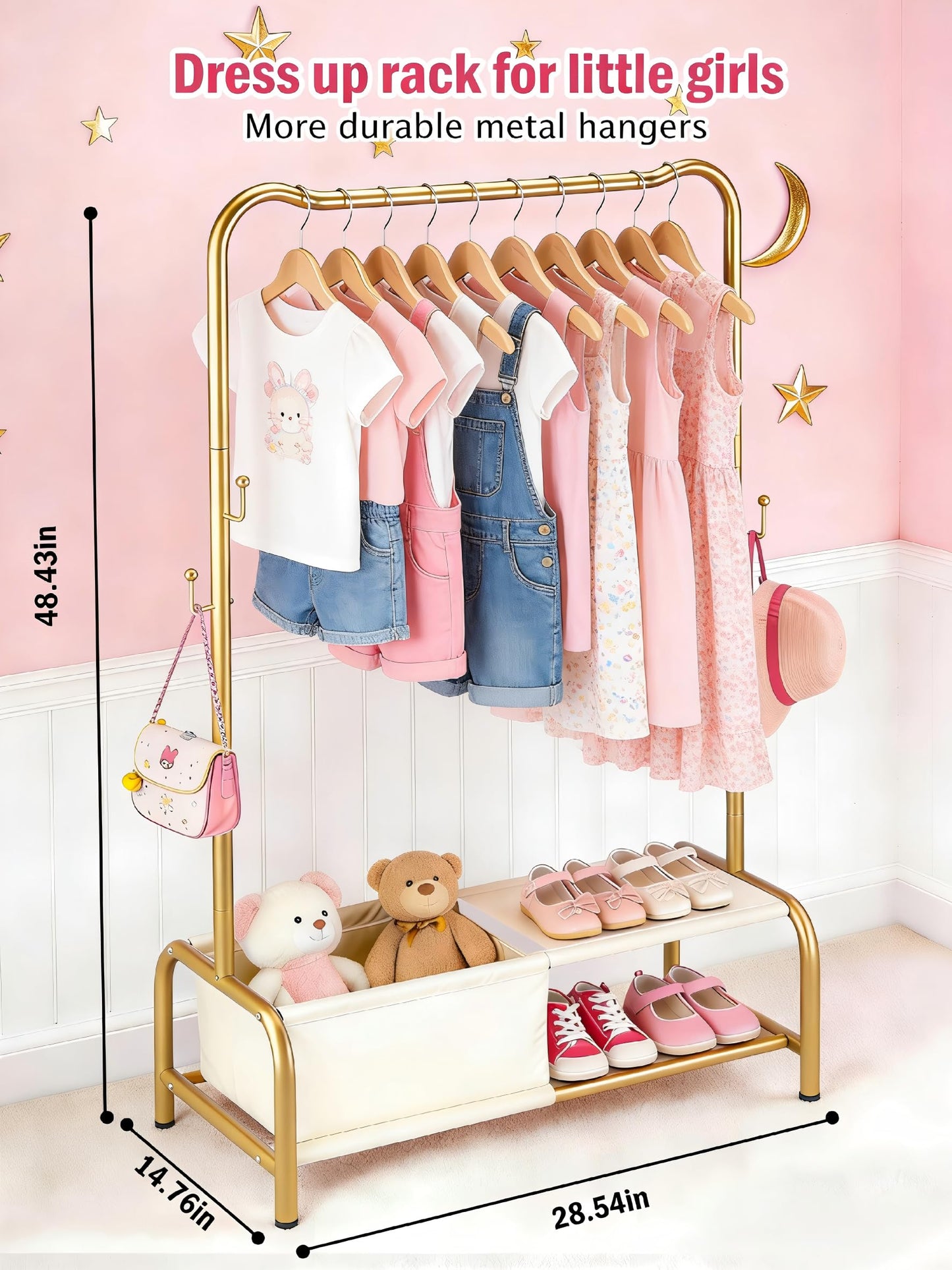Atrastout Kids Clothing Rack-Portable Kids Clothing Rack with Storage Shelf - Toddler Garment Organizer for Baby Clothes, Dance Costumes, Girls Gift Ideas(gold)