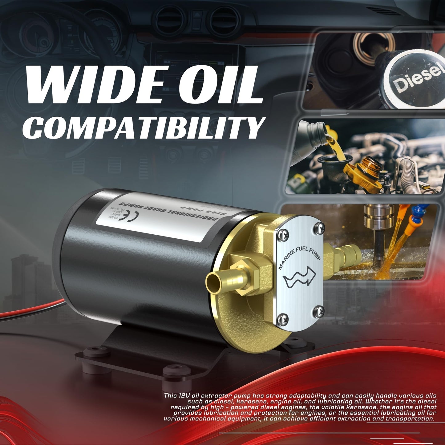 12V Oil Transfer Pump, 3.2GPM Gear Oil Pump, Lubricant Diesel Engine Scavenge Oil Extractor Pump, Portable Oil Suction Pump Self Priming for Marine Machinery Oil Change Pump