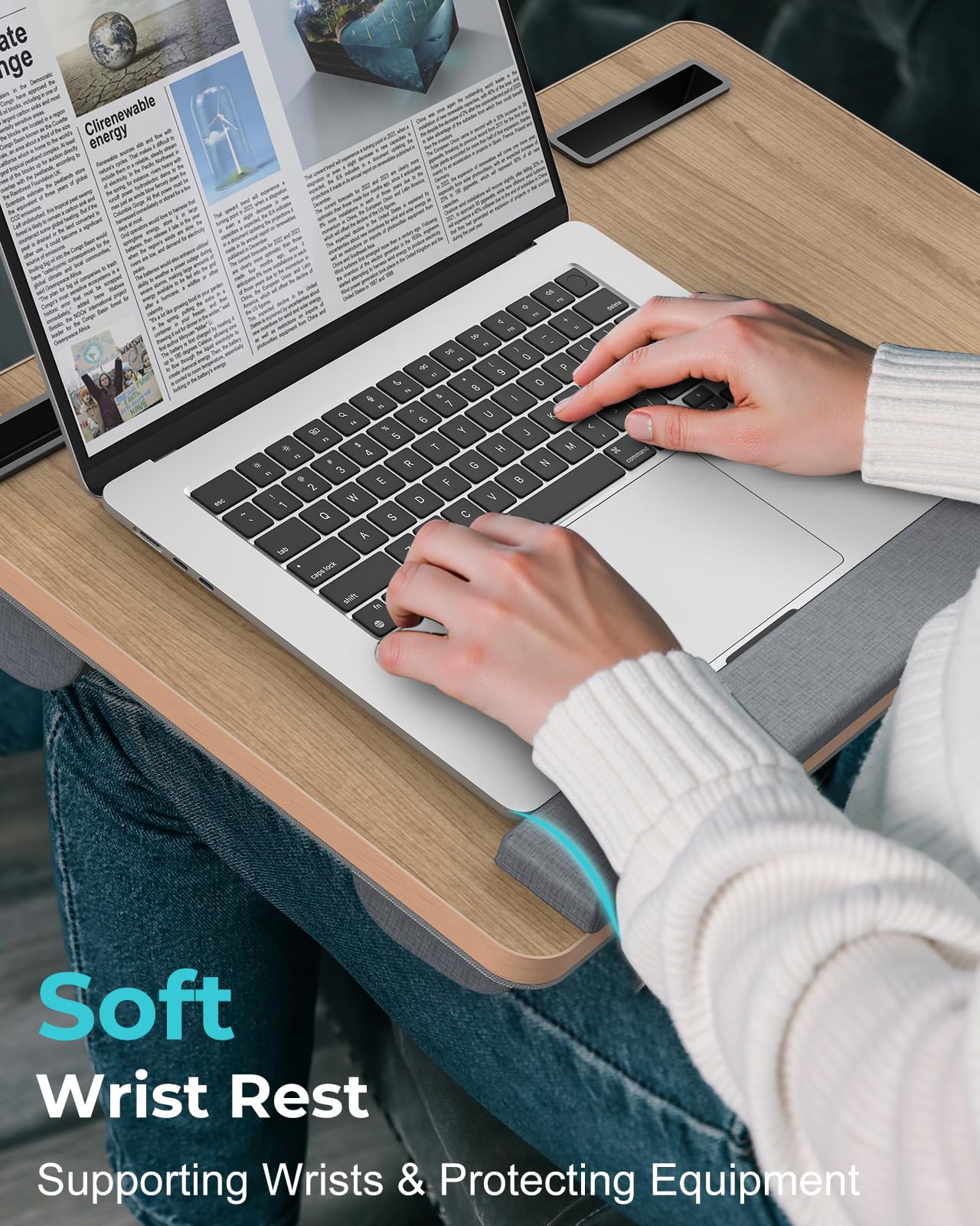 Potuopy Lap Desk - Up to 17” Laptop with Wrist Rest, Portable Handle, 2 Self-Adhesive PVC Mouse Pads, Tablet & Phone Slots, Laptop Stand for Bed with Cushion (Dark Brown Woodgrain)