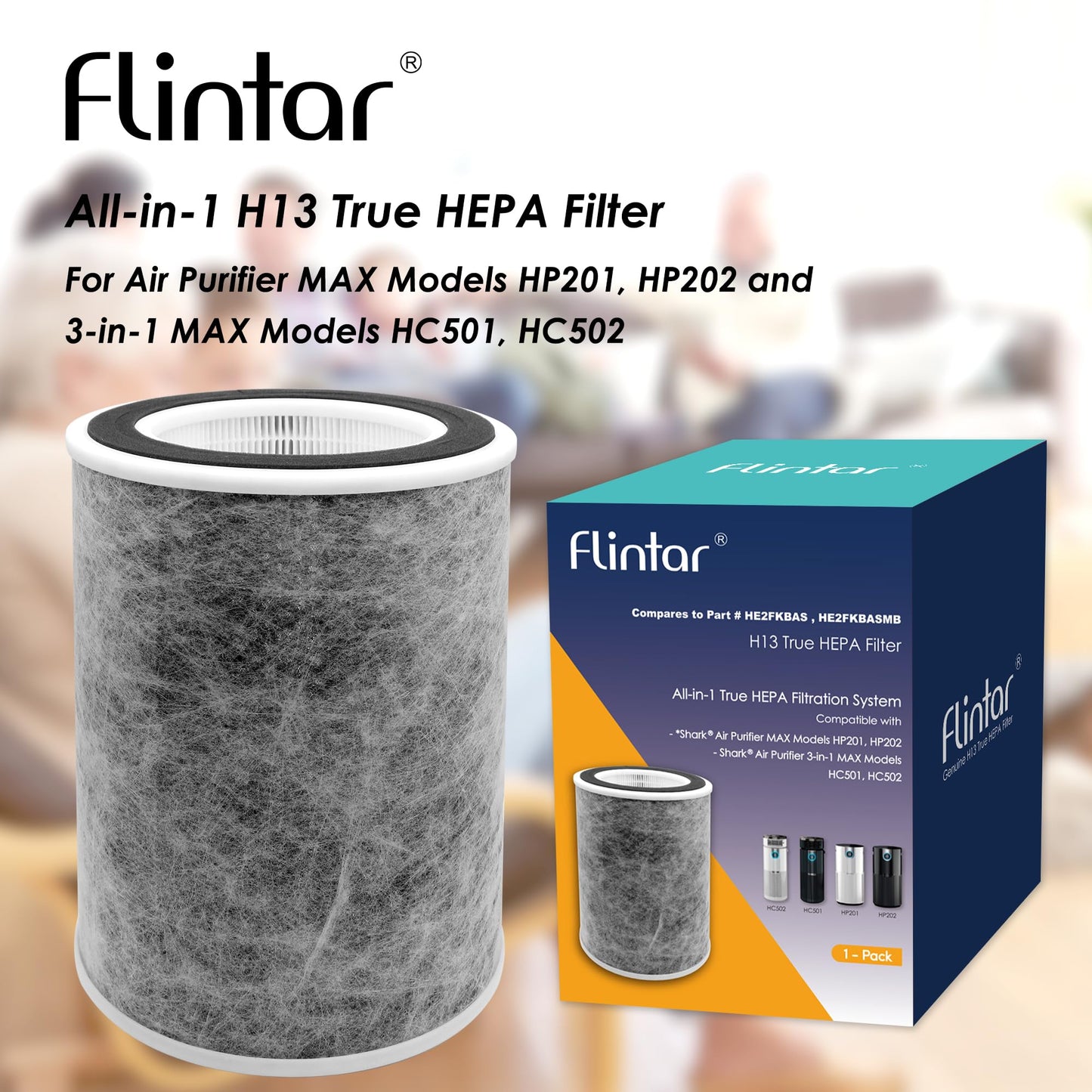 Flintar HP202 Replacement Filter, Compatible with Shark Air Purifier Max Model HP201, HP202, UA205, AP1000, HC501, HC502, Compares to Part # HE2FKBAS and HE2FKBASMB, 1-Pack