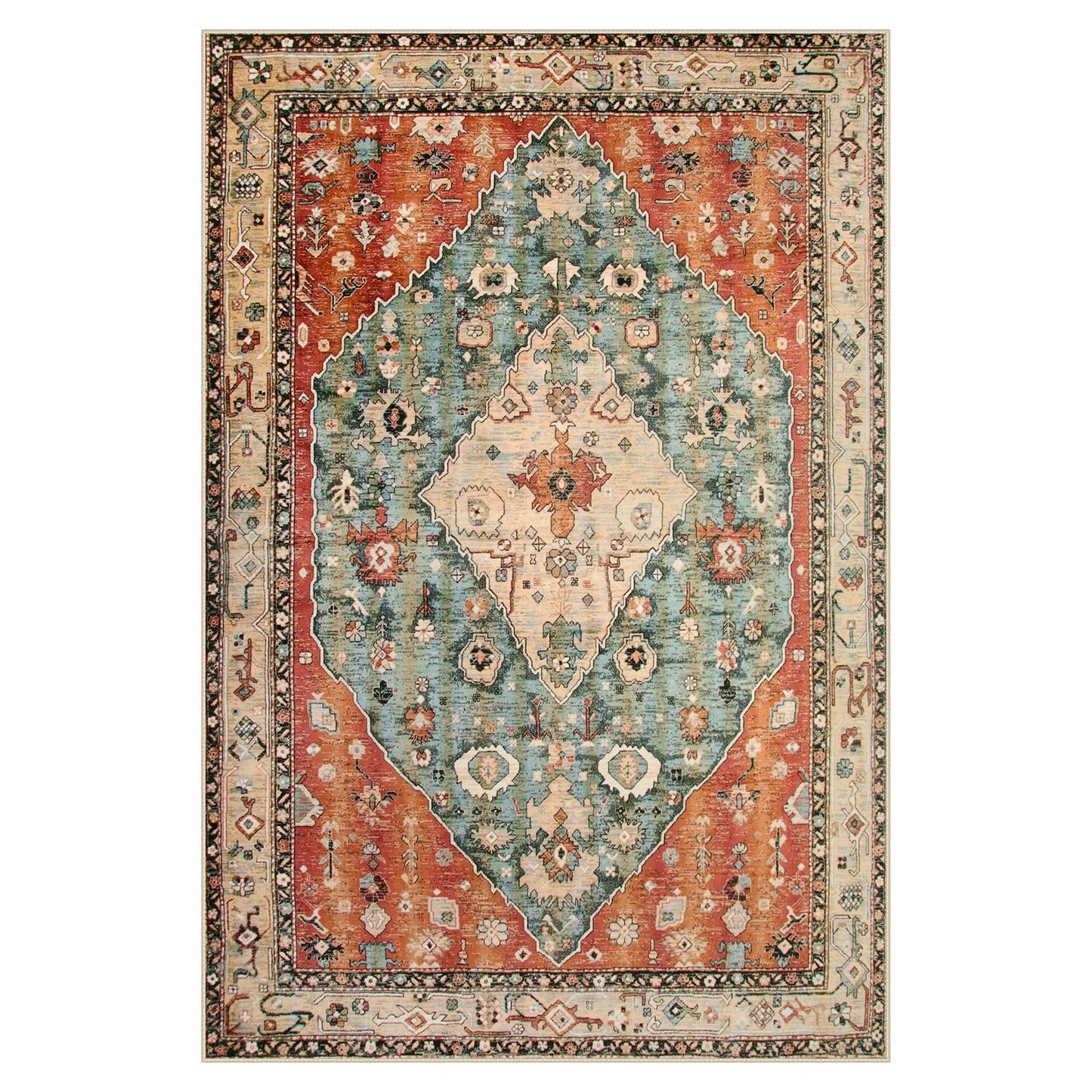 Lahome Felice Boho Tribal 5x7 Washable Living Room Bedroom Rug, Oriental Soft Dining Room Rugs for Under Table, Large Distressed Printed Carpet for Entryway Kitchen Playroom (Rust/Dull Teal,5x7ft)