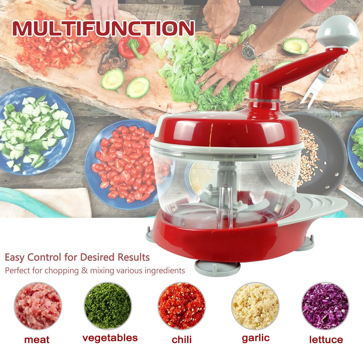 Manual Food Processor,Hand Powered Crank Food Processor Chopper,Food Vegetable Onions Chopper Processor Blender Mixer,for Vegetables Meat Fruits Onions