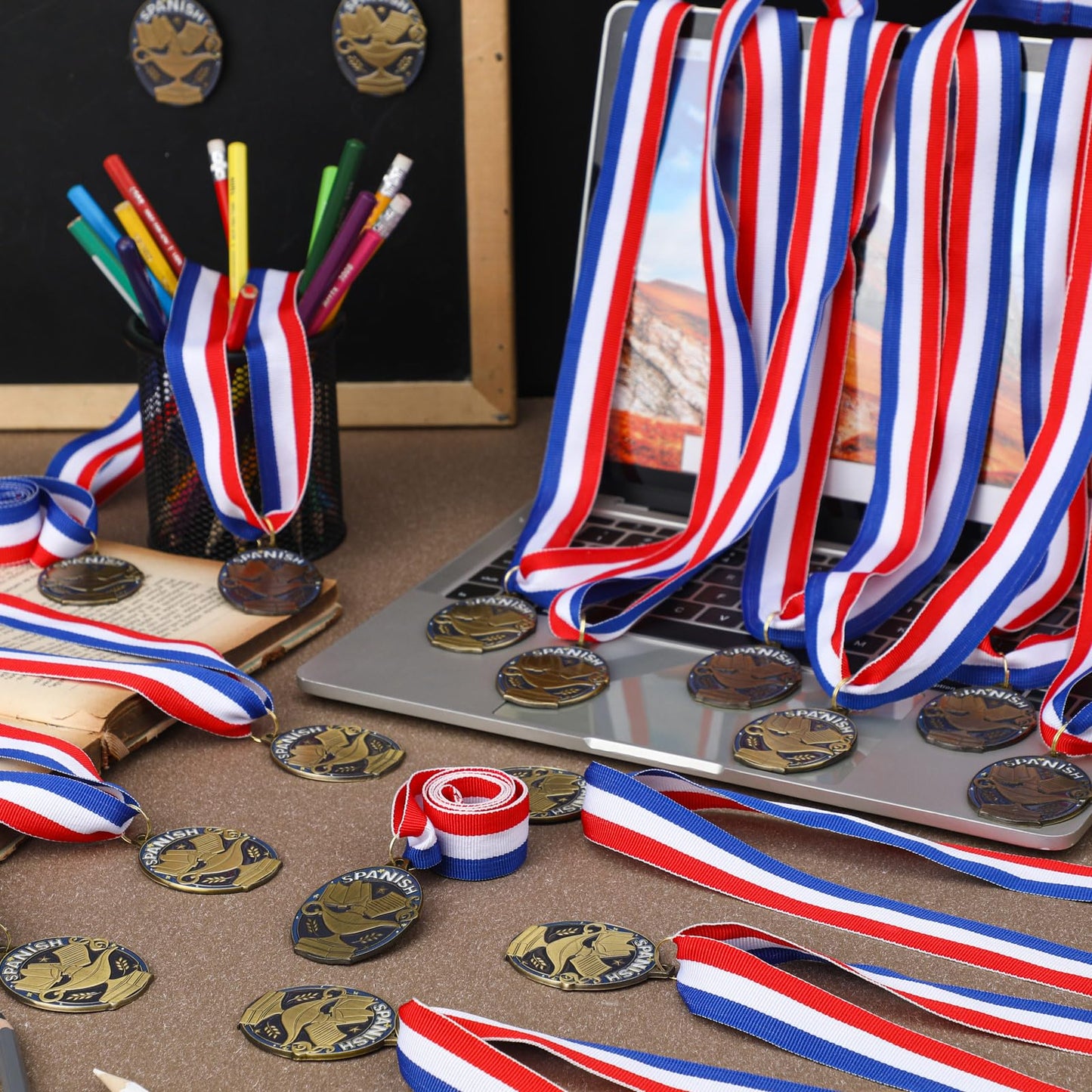 Liliaafar 36 Pcs Spanish Honor Education Academic Award Medals Bulk with Neck Ribbons Gold Trophy Prize Gift for Competition Graduation Ceremony(Spanish Education Academic Award)