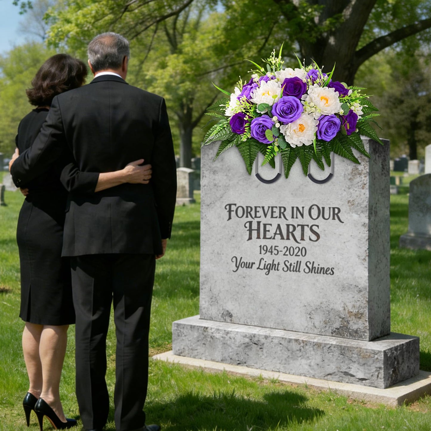 Yastouay Headstone Flower Saddle, Artificial Cemetery Flowers for Grave, Realistic Memorial Day Flowers with Peony Rose, UV Resistant Grave Decorations for Cemetery, Easter Mother’s Day (Purple)
