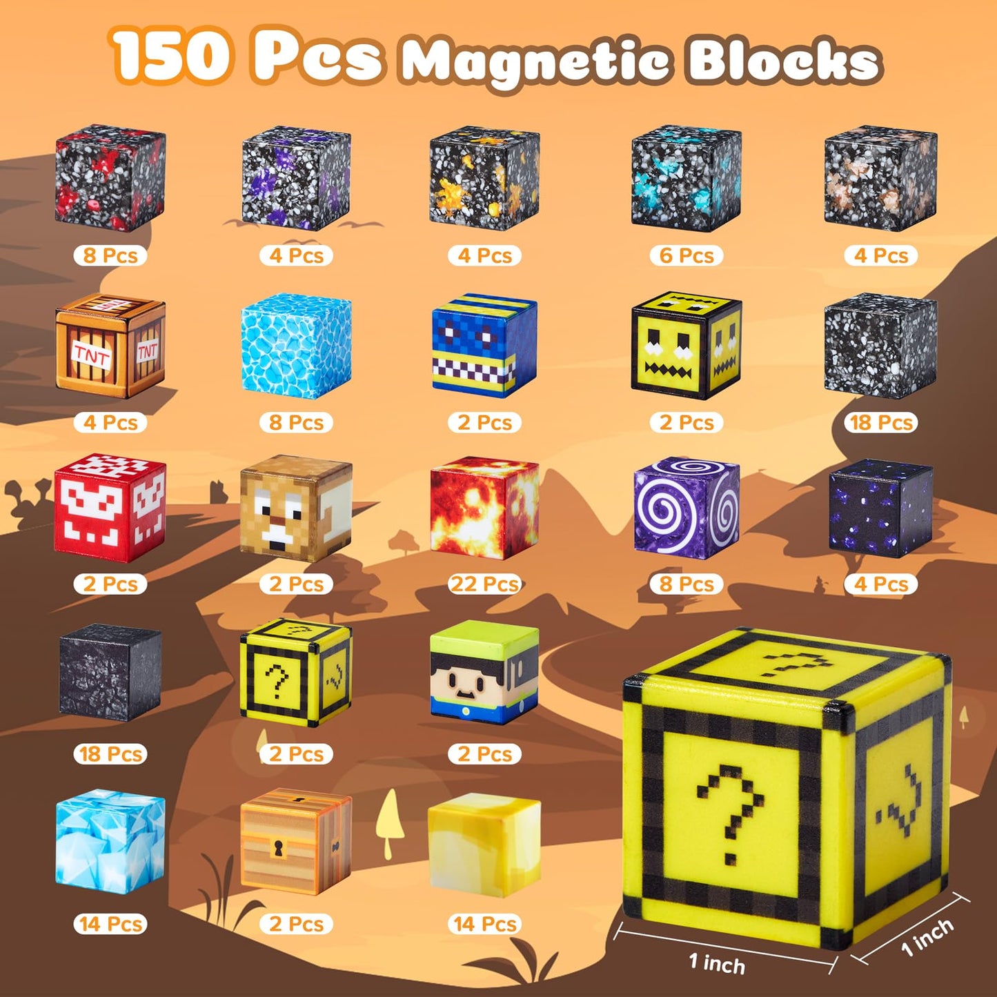 Magnetic Blocks, 150-Piece Magnetic Building Blocks, Volcano Theme 1-Inch Montessori STEM Stacking Magnet Blocks for Boys Girls Ages 3+, Educational Sensory Toys for Kids Christmas Birthday Gifts