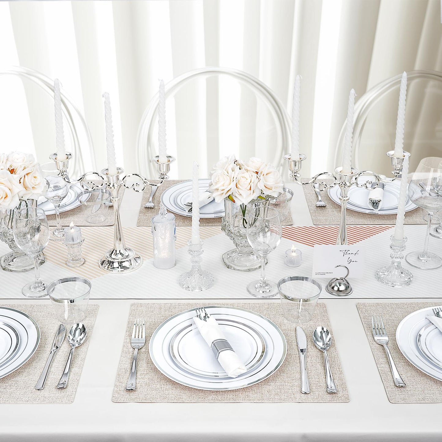 realluck 350 PCS White and Silver Plastic Dinnerware Set for 50 Guests, 100 Disposable Plates for Party, 50 Pre Rolled Napkins with Silver Silverware, 50 Cups