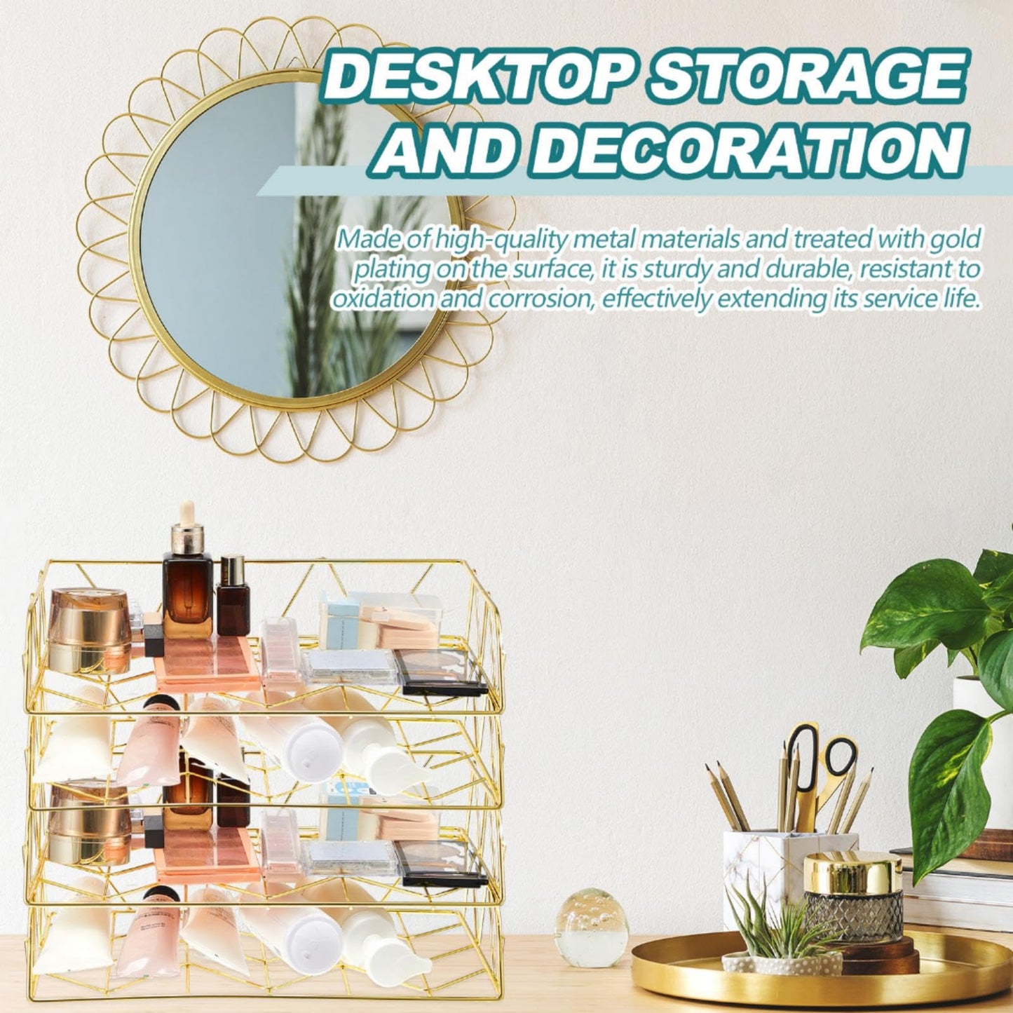 Yeaqee 4 Tier Stackable Gold Desk Organizer Paper Tray Rack Metal Letter Desk File Organizer Horizontal Holder File Trays for Office Desktop Supplies and Accessories