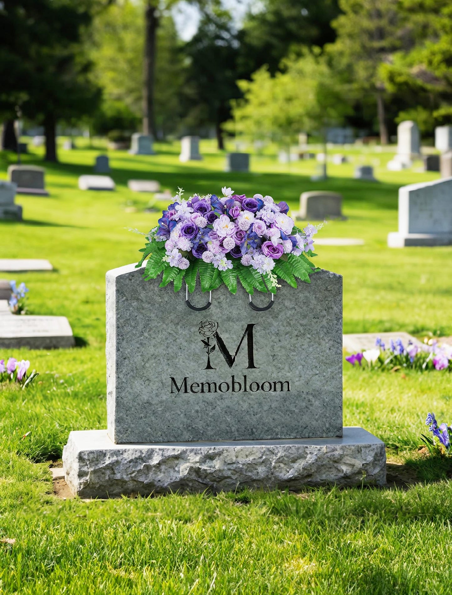 Memobloom Cemetery Flower Saddles for Headstones: Purple Flowers Artificial Outdoors Grave Decorations Summer Memorial Day - Fake Rose Camellia Tombstone Flowers Saddle for Cemetery Gravestone