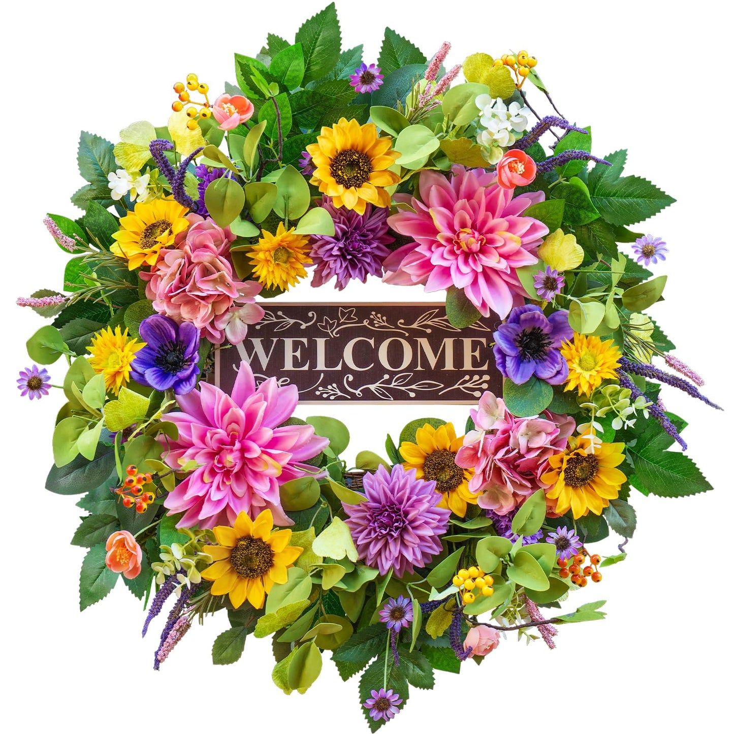 Spring and Summer Wreaths for Front Door 24 Inch Summer Wreath with Lifelike Sunflower,Pink and Purple Dahlia Spring Door Wreath with Welcome Sign,Outdoor Decor