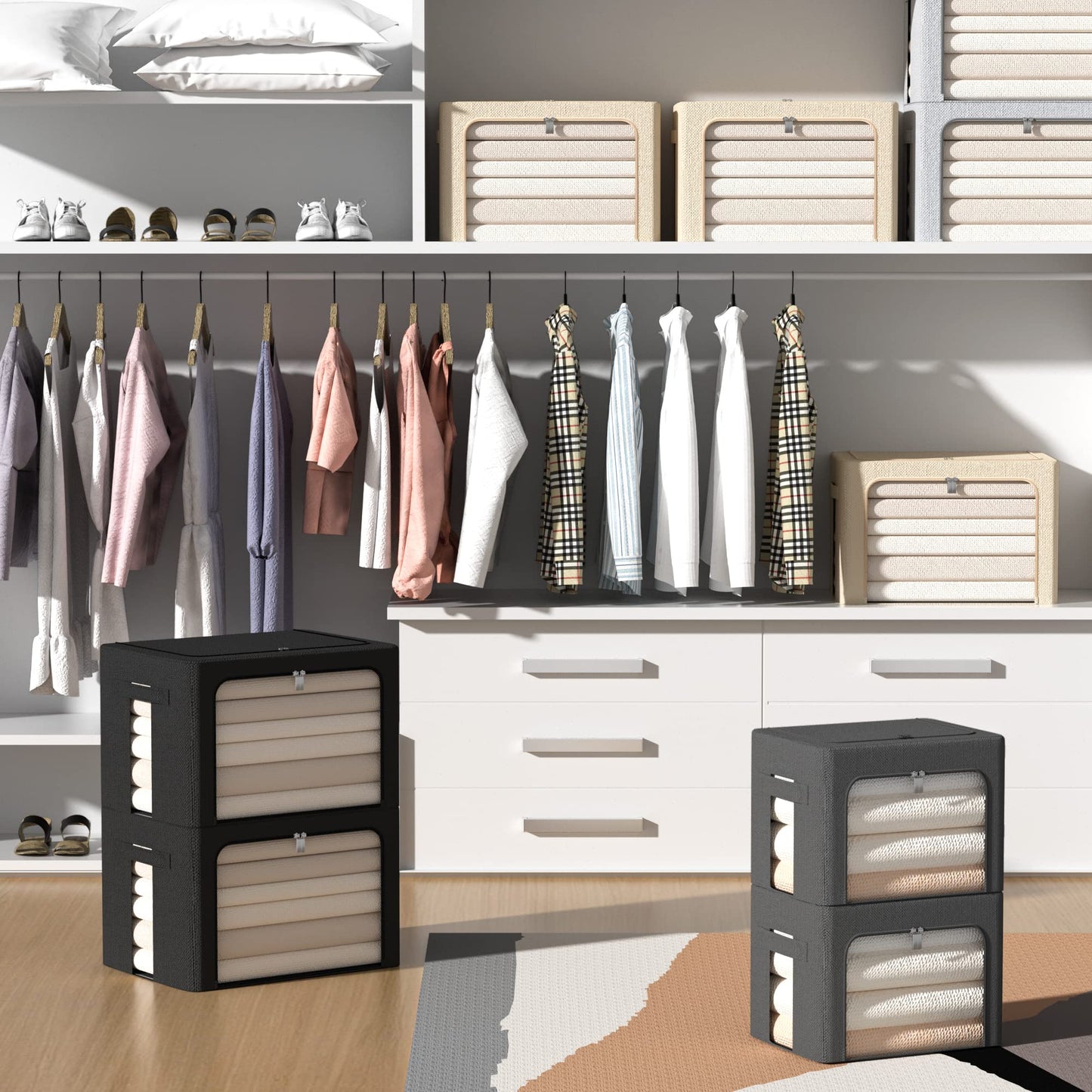 FHSQX Extra Large Clothes Storage Bins Foldable Metal Frame Storage Box Stackable Linen Fabric Box Organizer Set with Carrying Handles and Clear Window (Beige, 23.6x 16.5x 15.7 Inch)