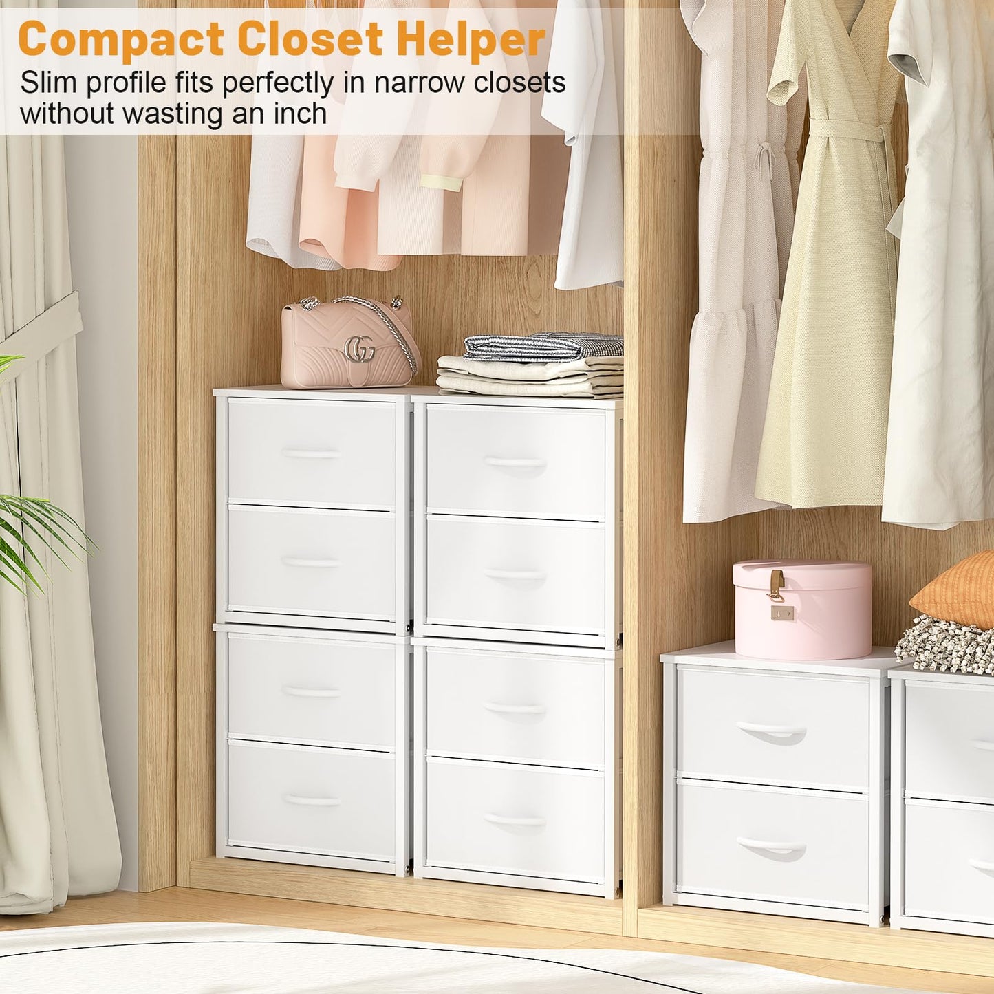 DAOUTIME Stackable Storage Drawers, White Closet Organizer with Wooden Top & Metal Frame, Closet Storage Drawers for Clothes, Freestanding or Stackable Dresser for Bedroom, Living Room, Under Bed