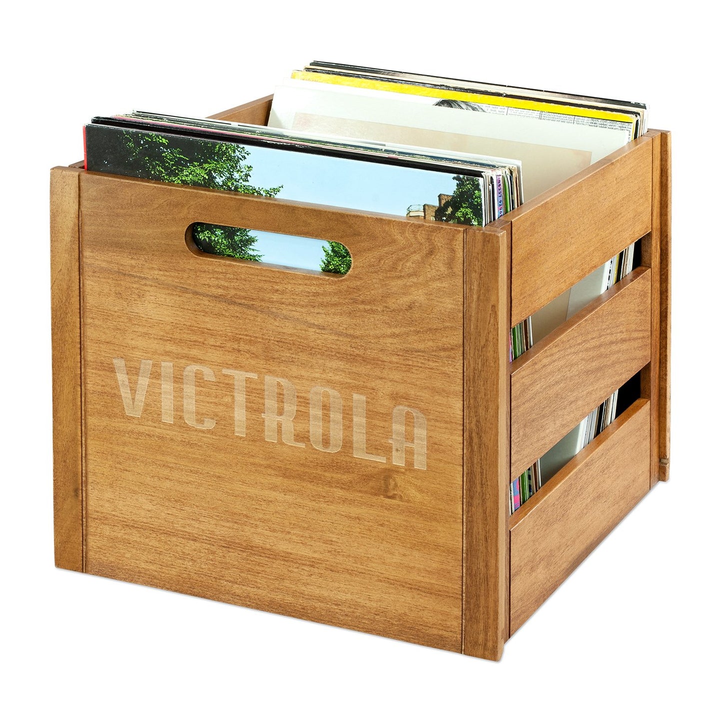 Victrola Wooden Record Crate – Tabletop Vinyl Album Holder, No-Tool Assembly, Holds Over 50 Records, Real Wood Construction, Elegant Design (Natural Wood)