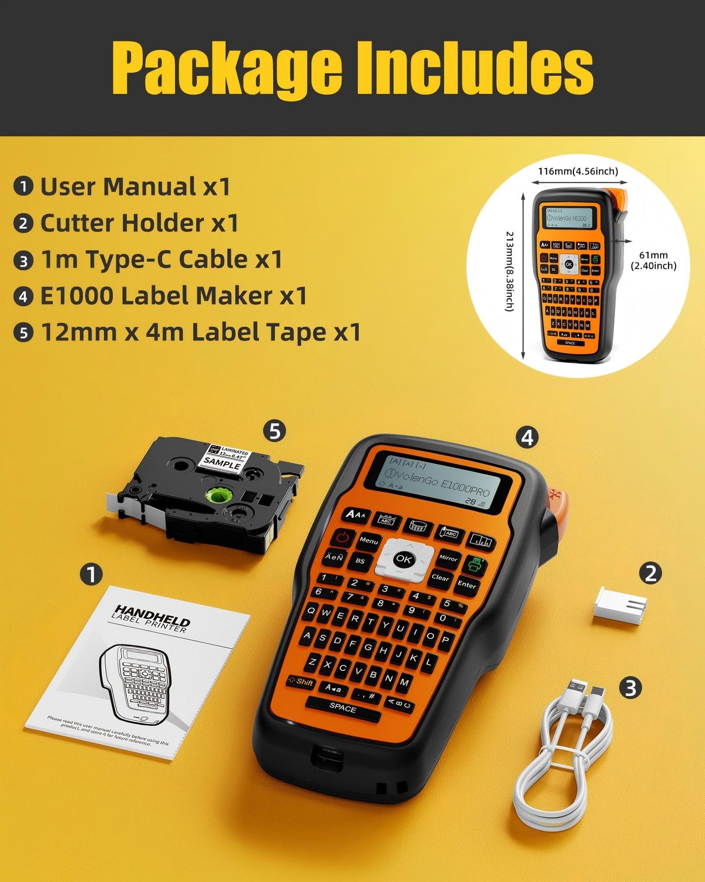VolenGo Label Maker Machine with-Tape, Heat Shrink Label Maker Waterproof-Labels, Wire Cable label Maker, E1000 Labeler Machine with-Tape 12mm Laminated Handheld Labeling Machine for Industrial Office
