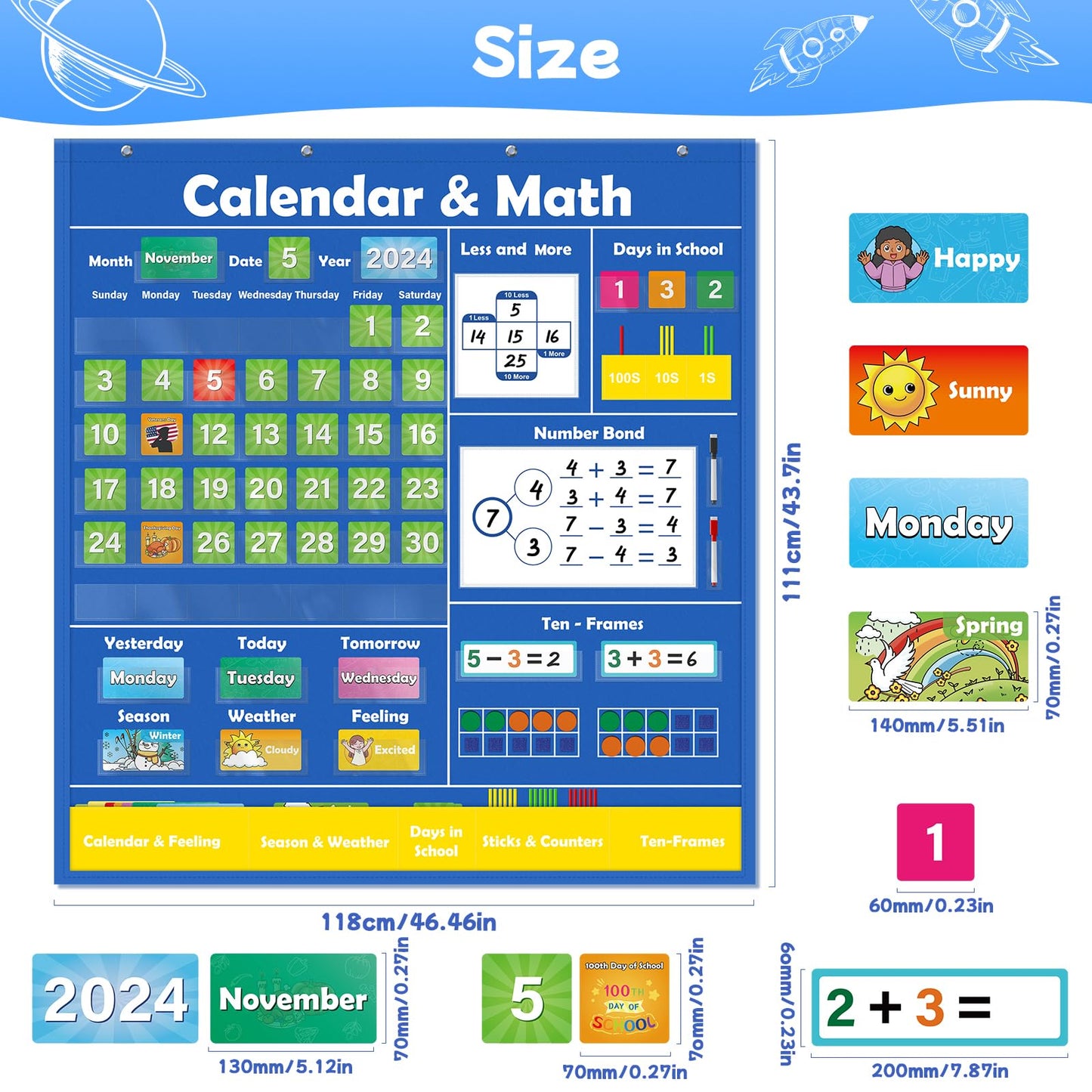 SkilLify Circle Time Calendar Pocket Chart for Classroom, Kids Learning Center with Weather Seasons Emotions & Math Activities, Addition Subtraction Manipulatives, Preschool Homeschool Supplies