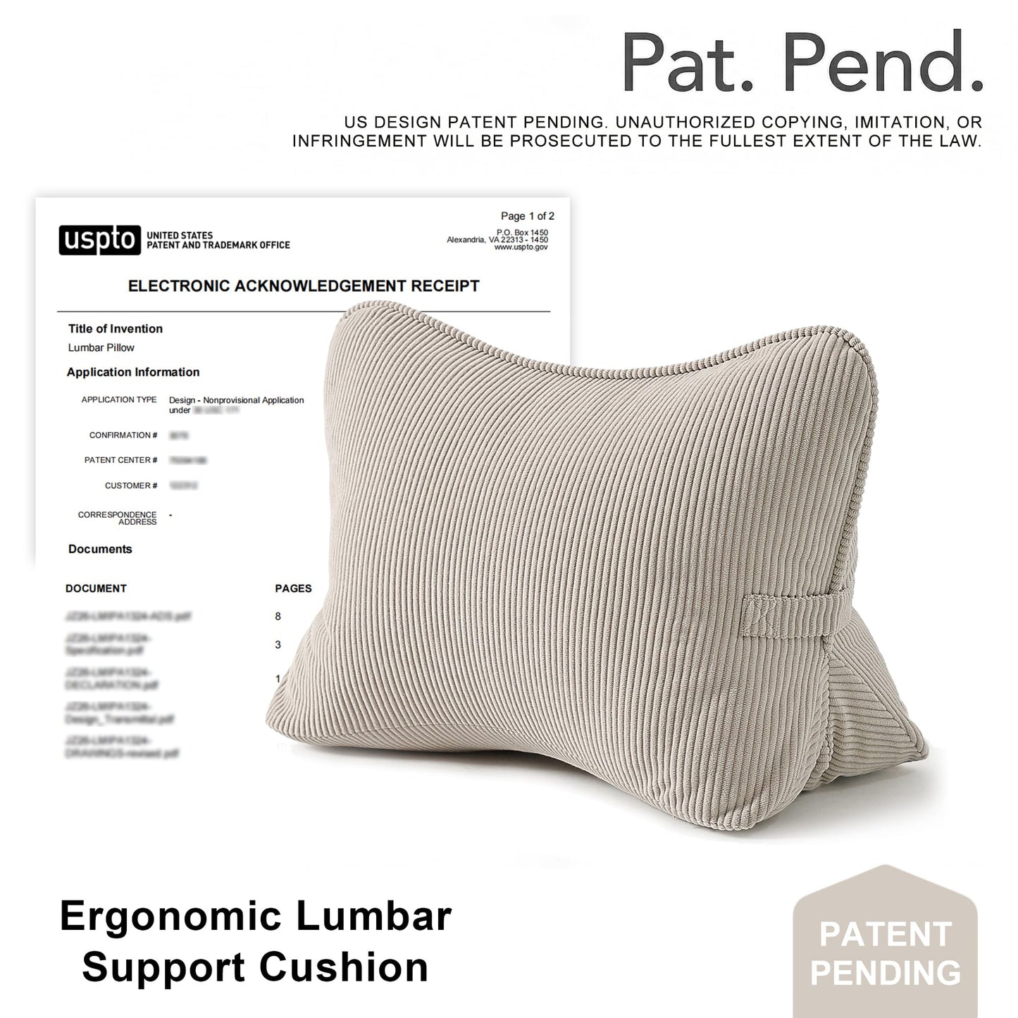 Ailuteie Pat. Pend. Corduroy Lumbar Support Back Pillow for Watching TV, Reading & Gaming, Ergonomic Triangle Support Cushion for Sofa, Armchair & Bed Sitting, Removable Washable Cover, Beige Gray