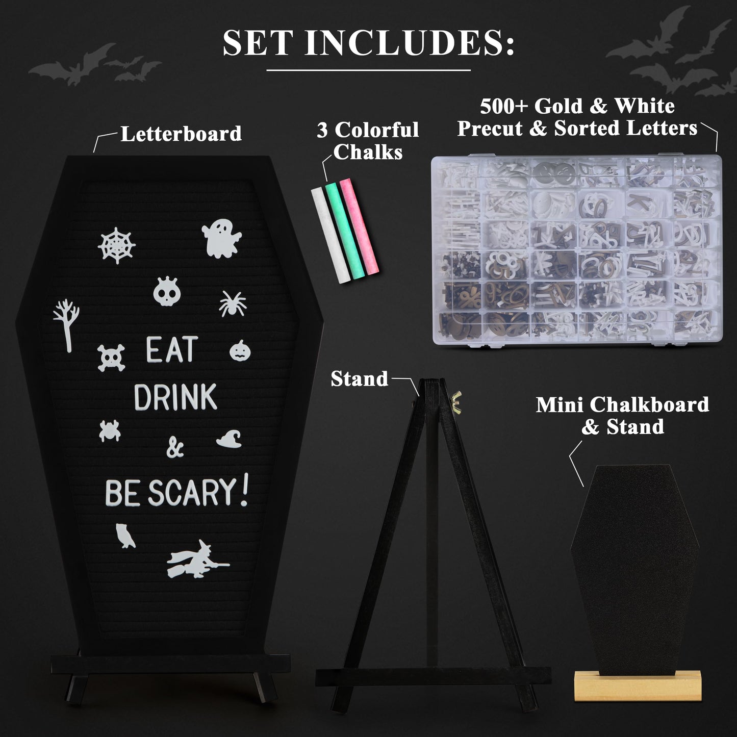 Manny's Mysterious Oddities Coffin Letter Board with Mini Coffin Board- Gothic Wedding Decor - Spooky 17x10.5 inches Felt Letter Board with 500 Precut Characters & Emojis