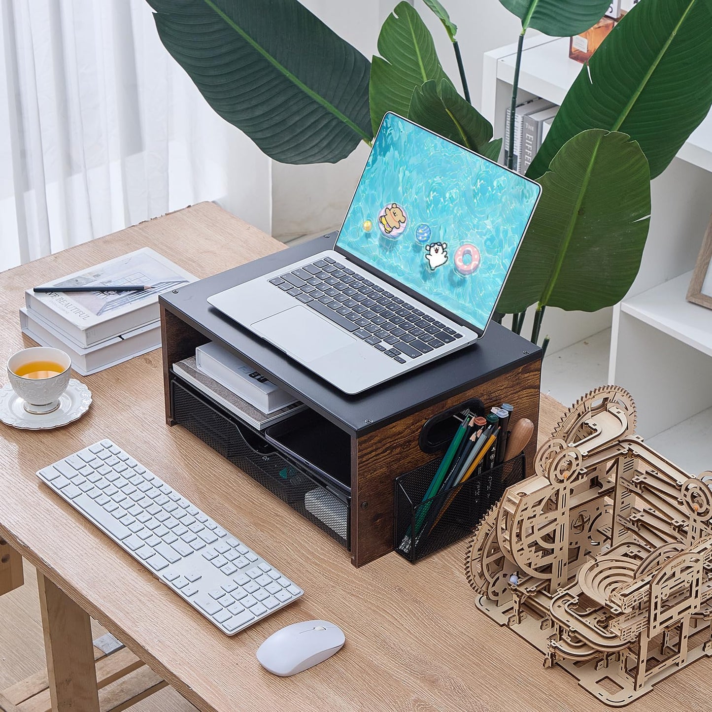 Xmoddes Printer Stand,Desktop Printer Stand with 2-Tier Storage Shelves for Home Office,Desk Organizer with Drawer and 2 Pen Holders for Fax Machine Scanner Files