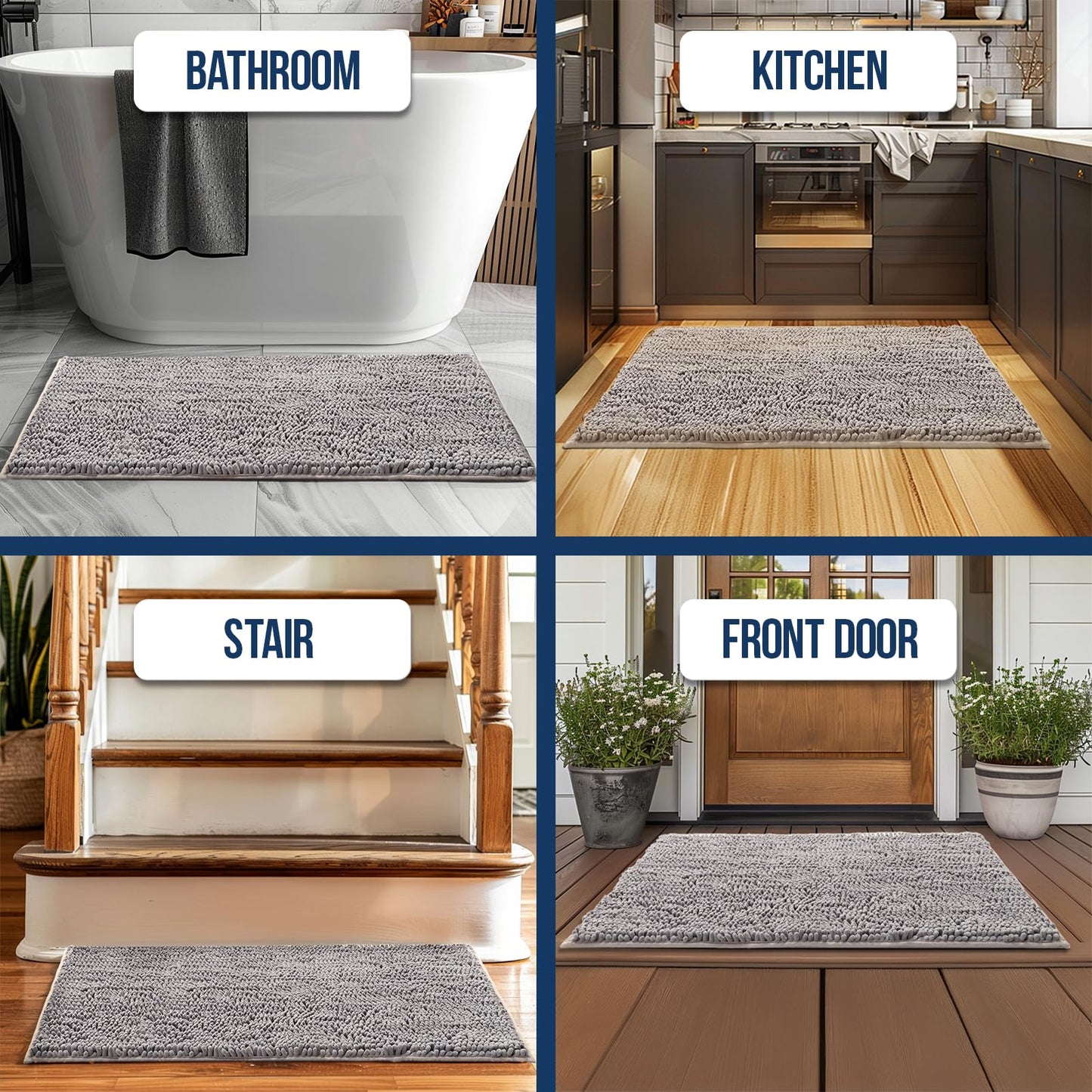 Muddy Mat Chenille Bathroom Rugs Quick Dry Microfiber Mats Non Slip Washable, Extra Thick, Soft and Highly Absorbent Bath Mats for Bathroom, Kitchen, and Shower Floor - Grey Medium 30"X19"