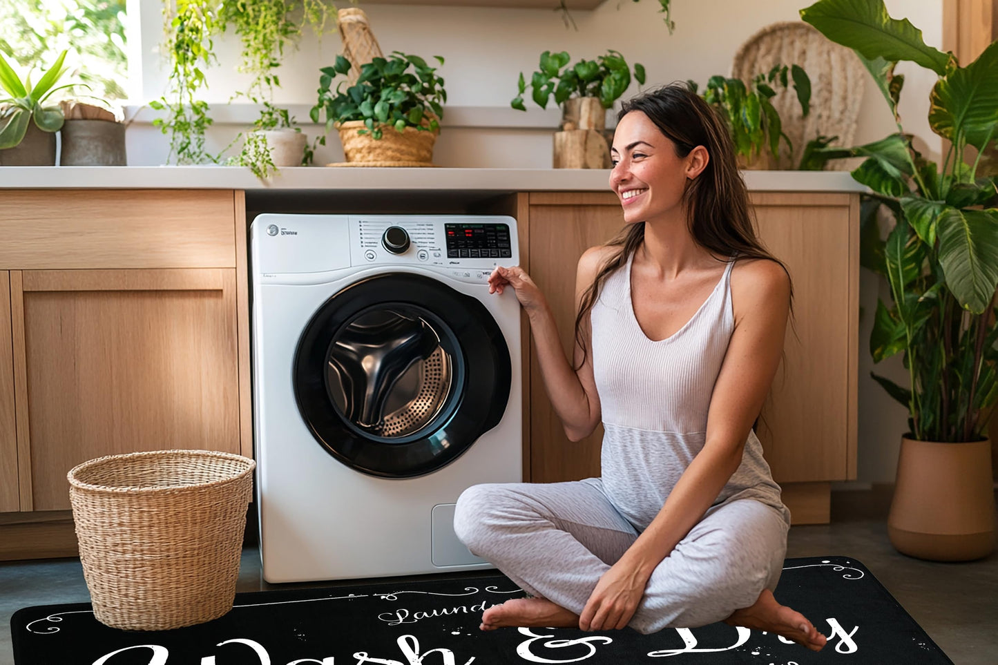 EYECY Laundry Room Rug Runner 20"x49" Non Slip TPR-Backed Rug for Kitchen, Bathroom, and Hallway - Black
