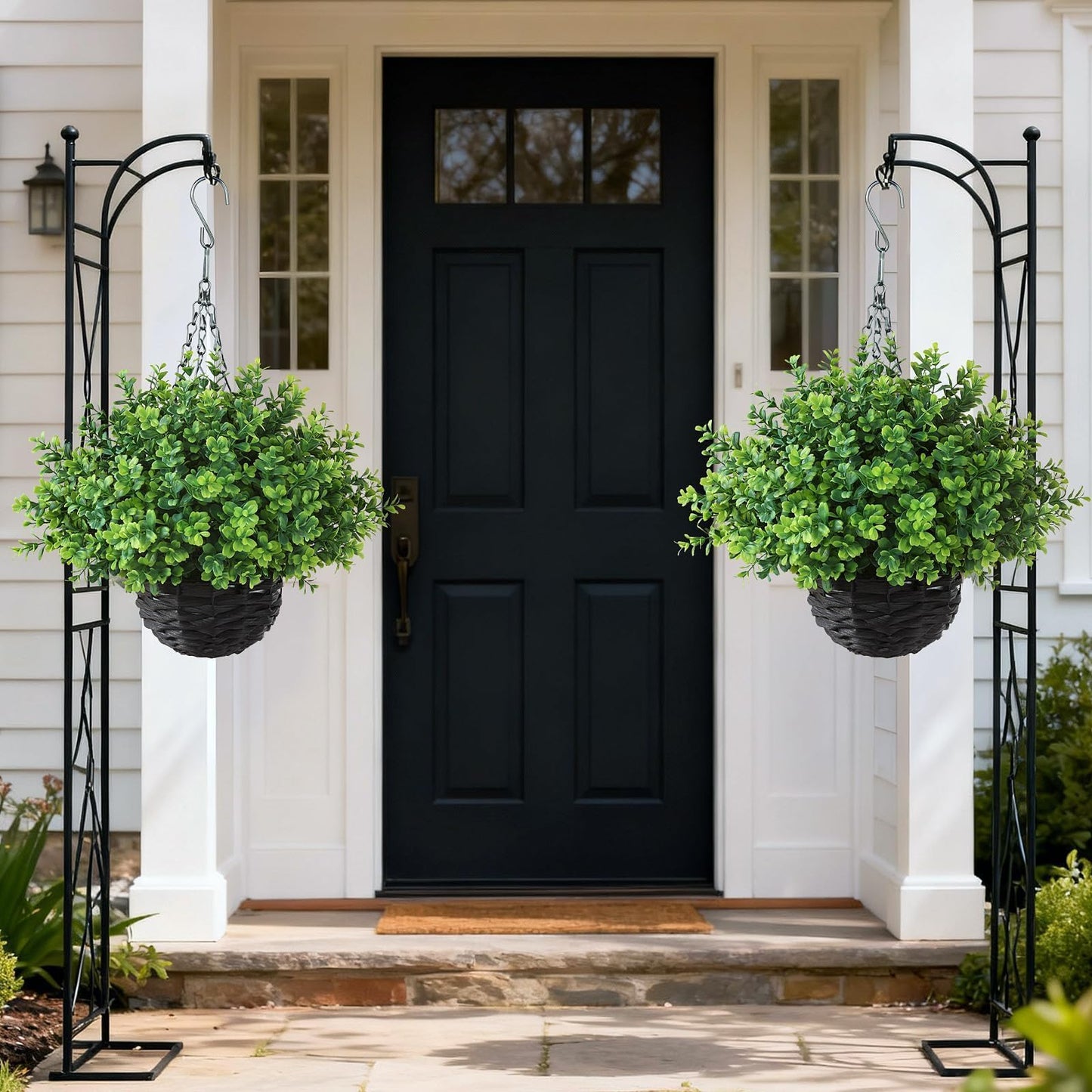 FOTEEWL Artificial Boxwood Hanging Baskets - 2 Sets of Hanging Plant Fake Bushes with Baskets,UV-Resistant Suitable for Outdoor,Porches,Eaves,Farmhouses,Courtyard Decorations