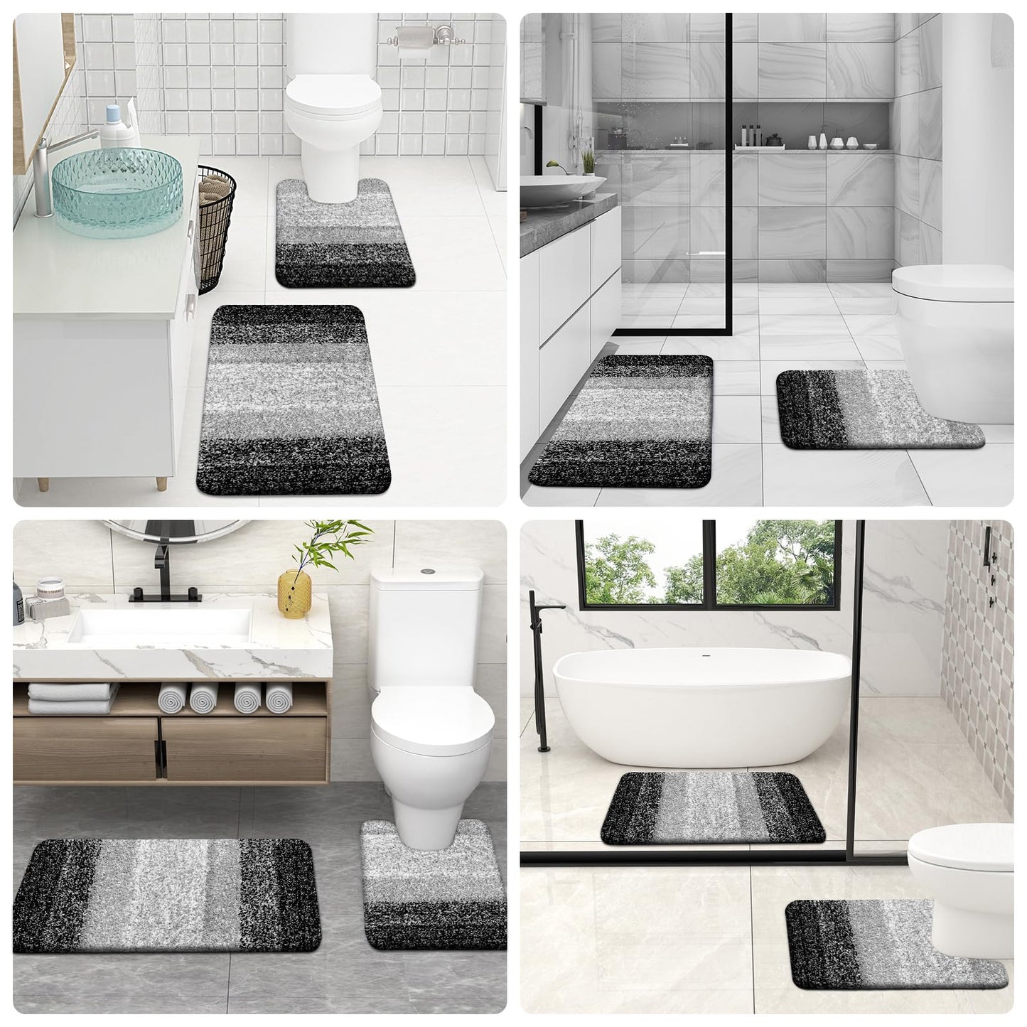 OLANLY Bathroom Rugs Sets 3 Piece, Soft Absorbent Microfiber Bath Mats and U-Shaped Contour Toilet Rug, Plush Shaggy Bath Mat Set for Bathroom (30"x20"+24"x16"+24"x20", Black)