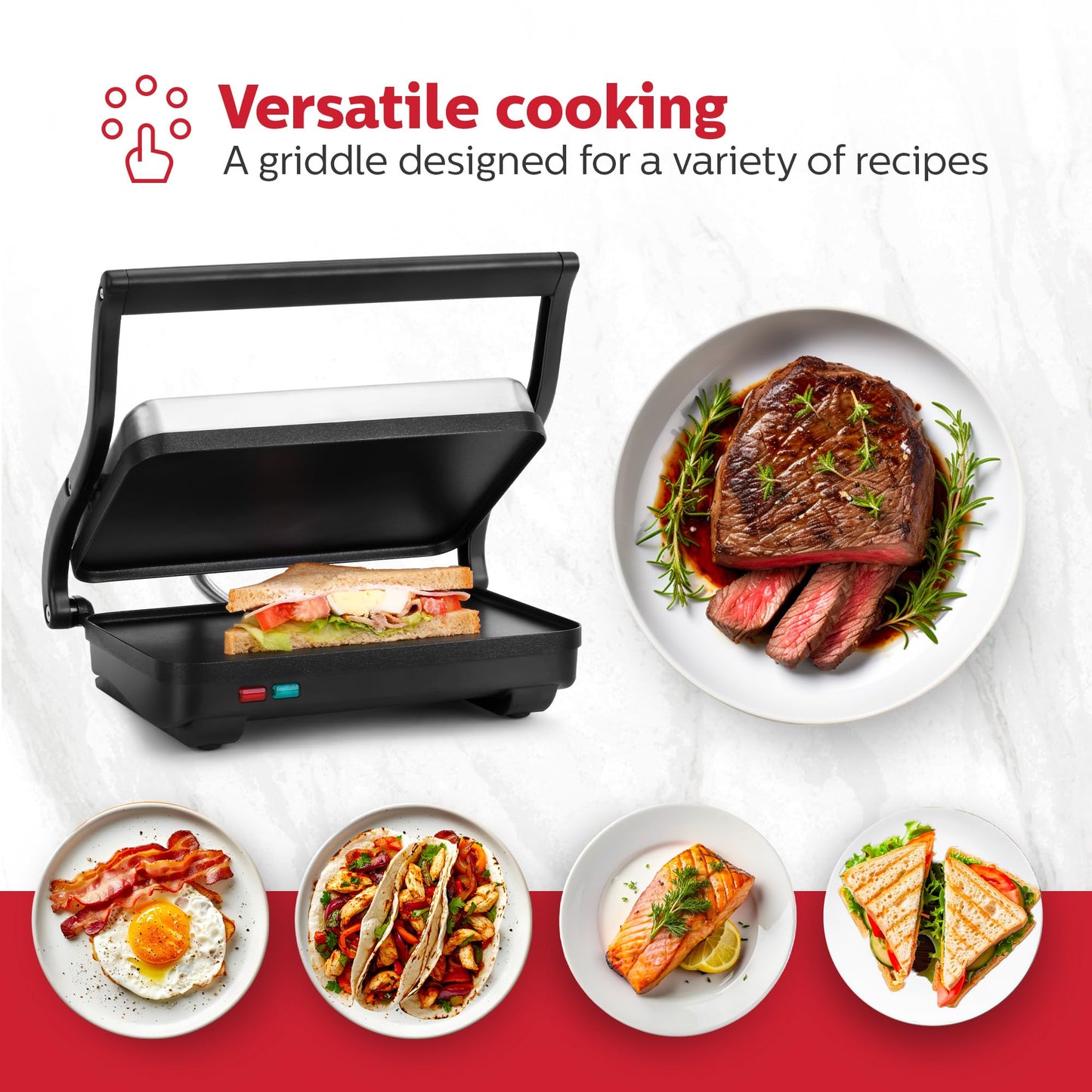 Holstein Housewares Electric Griddle for Toasting Sandwiches, Various Snacks - Black/Stainless Steel (260 x 170mm)