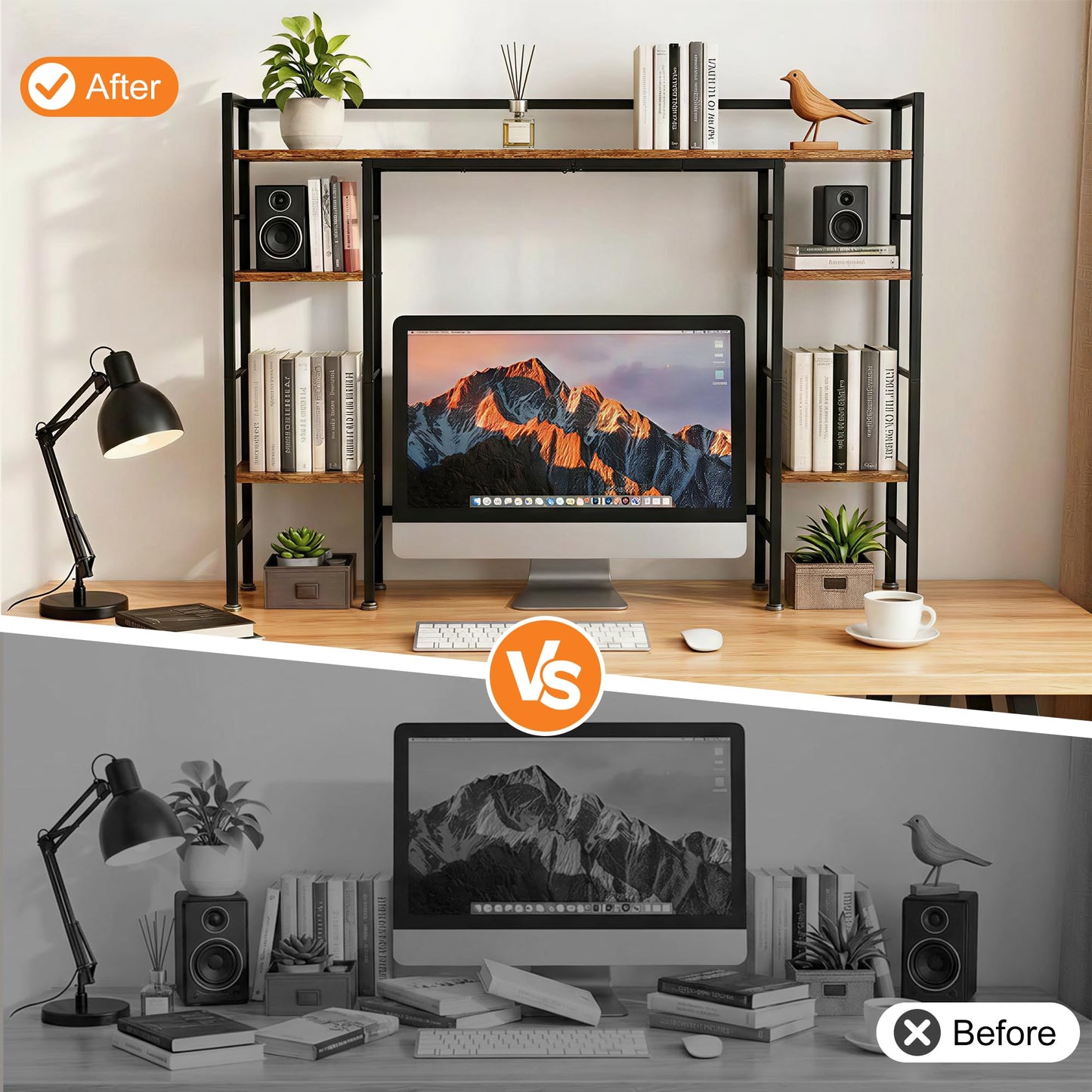 ZIFTY 39.4" Desktop Bookshelf Countertop Storage Hutch with 8 Shelves for Monitor up to 24", Large Desk Bookcase Organizer Display Shelf Rack for Computer Desk, Home Office Dorm Home Anti-tip Device
