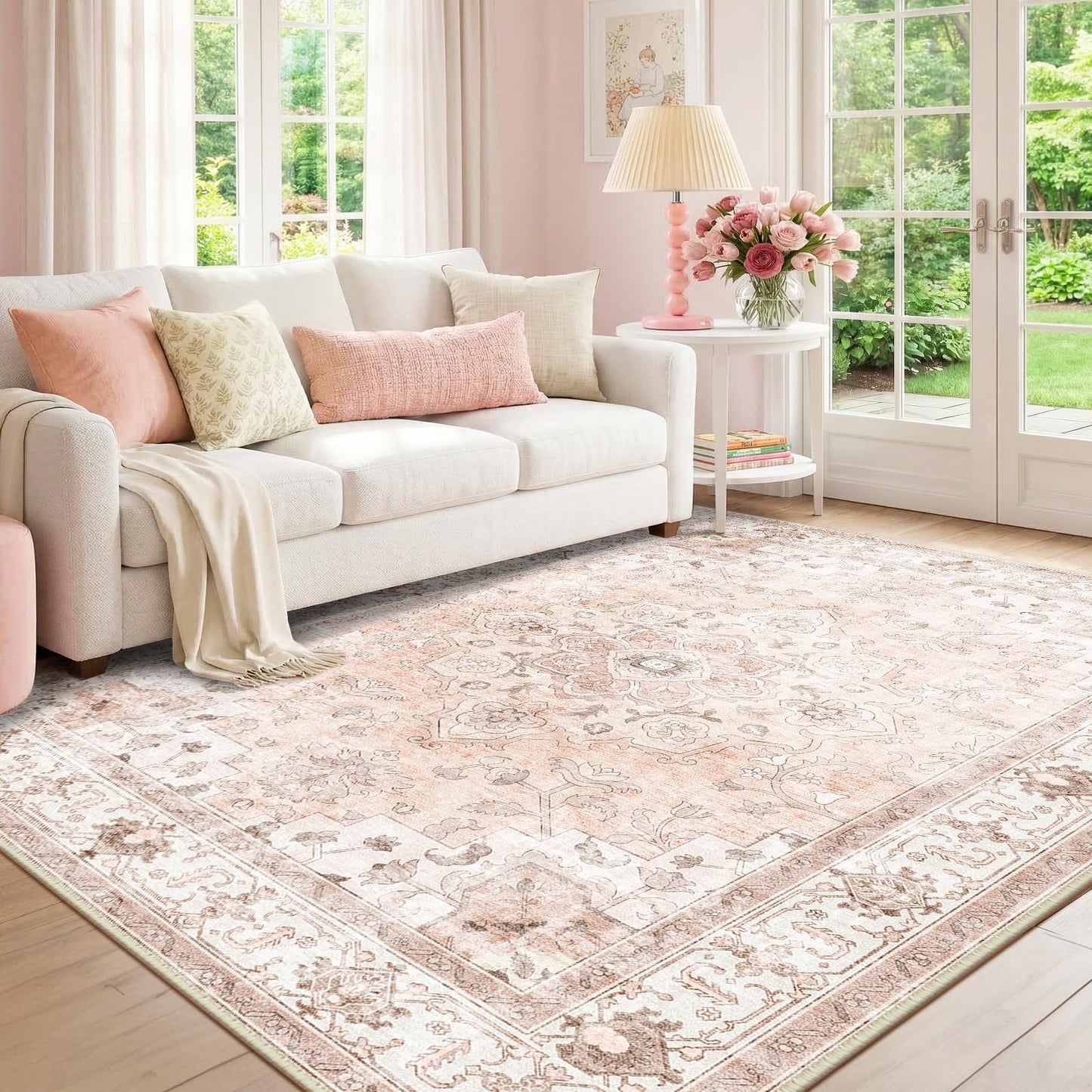 CAPALOCA Machine Washable Rugs Nursery Rug 5x7 Cute Girl Non Slip Low Pile Water Repellent Soft Print Pattern for Bedroom Indoor Decor Kids Playroom Pink
