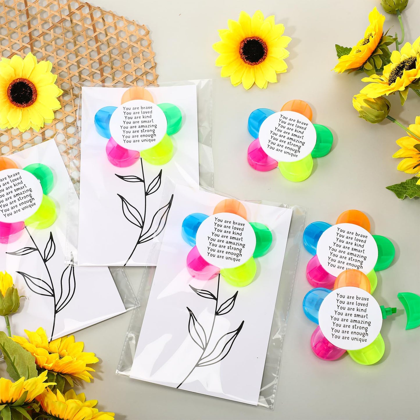 AmazingSpark 24 Sets Petals Flower Highlighters Gifts 5 in 1 Fluorescent Pens with Motivational Cards Gift Bags for Graduation (Brave)