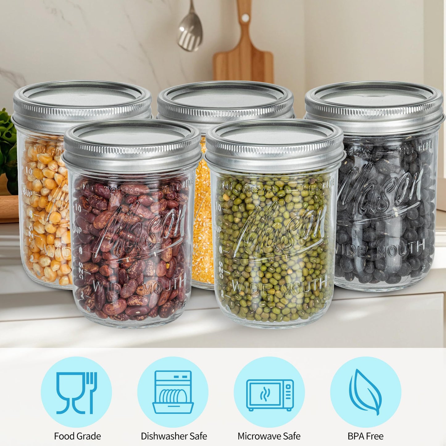 Wide Mouth Mason Jars 16 oz with Lids 8 Pack, Canning Jars with Metal Airtight Lids and Bands, 16 oz Glass Jars for Fermenting, Meal Prep, Freezing