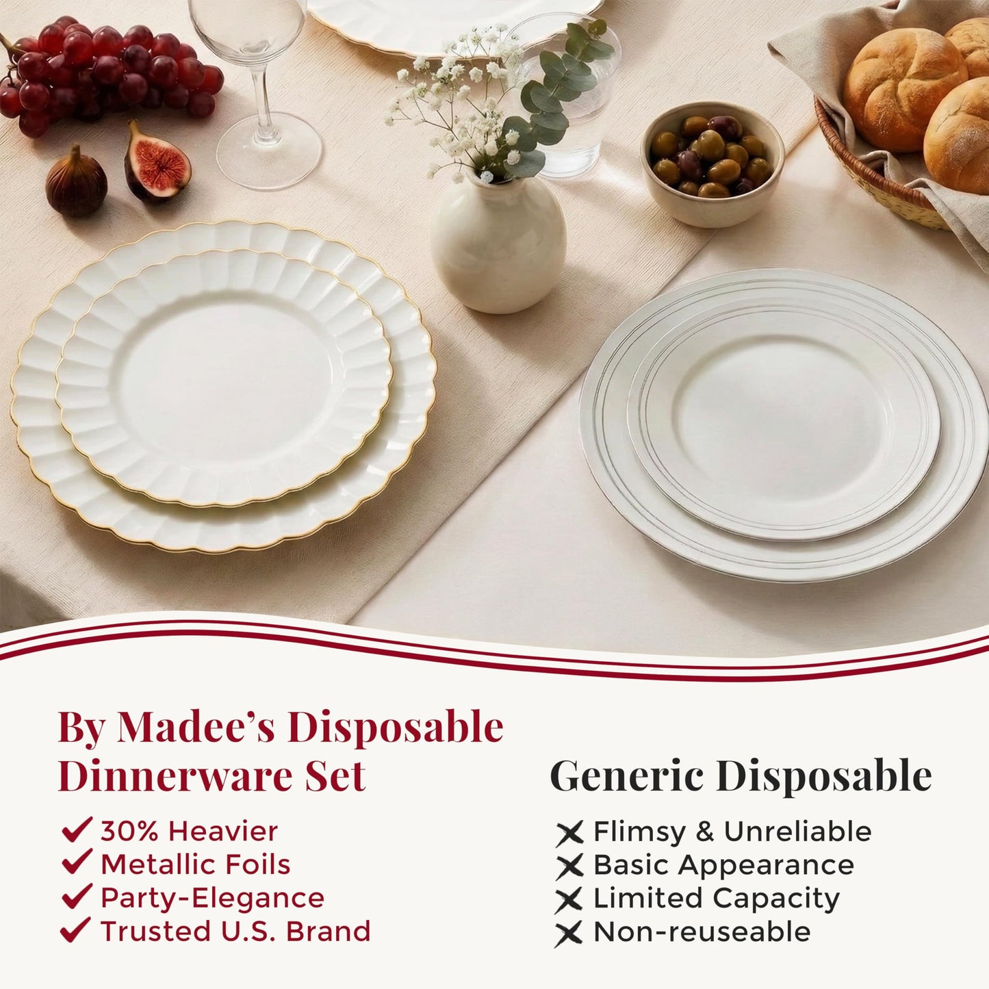 By Madee HEAVYWEIGHT Plastic Plates for Party | 60 Pc Ivory Scalloped Plates with Gold Trim | Fancy Disposable Plates for Weddings, Bridal Showers & Events | 30 Dinner & 30 Dessert