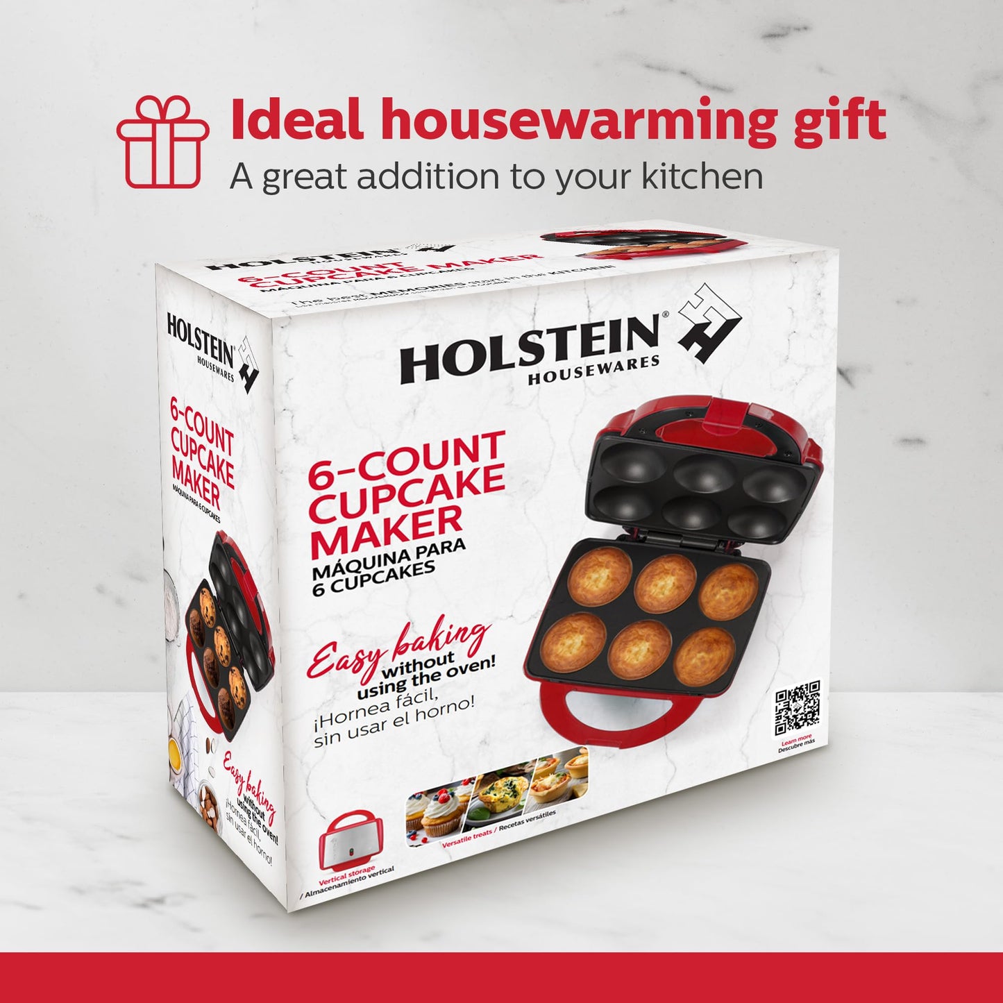 Holstein Housewares Non-Stick 6-Count Electric Cupcake Maker Machine – Bakes 6 Cupcakes, Muffins, Pizza Cups, Cinnamon Buns – Perfect for Gifts, Birthdays, Holidays, or Bake Sales, Red