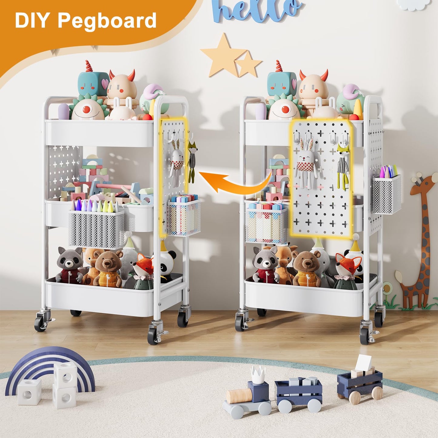 3 Tier Rolling Cart Metal with DIY Pegboard, White Rolling Cart on Wheels for Art Supply Organizer, Three Tiered Craft Organizers and Storage Cart, Utility Hobby Carts for Baby Diaper Caddy,Nail,Book