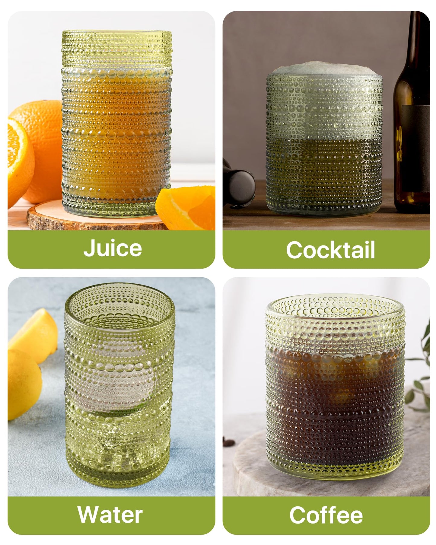 DmmyAlzx Hobnail Drinking Glasses Set of 12 Count, Vintage Glassware, Old Fashioned Glasses, 6 Highball Bubble Drinking Cups 14.5 oz, 6 Rocks Cups 10 oz with 6 Silicone Coasters, Green