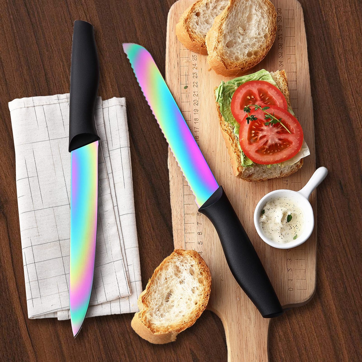 Marco Almond Knife Set with Block, 14 Piece Rainbow Titanium Knife Block Set, KYA25 Cooking Steak Knives set with Black Handle.