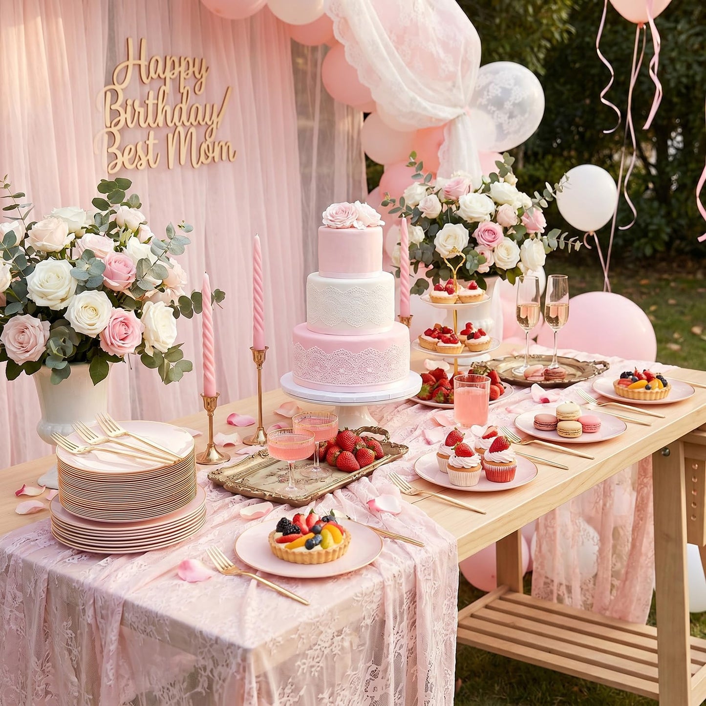 Rubtlamp 200Pcs Plastic Pink Dessert Plates with Disposable Gold Forks,Heavy Duty Pink Disposable Salad Platos,Gold Small Platos,Fancy Appetizer Plates for Mother's Day