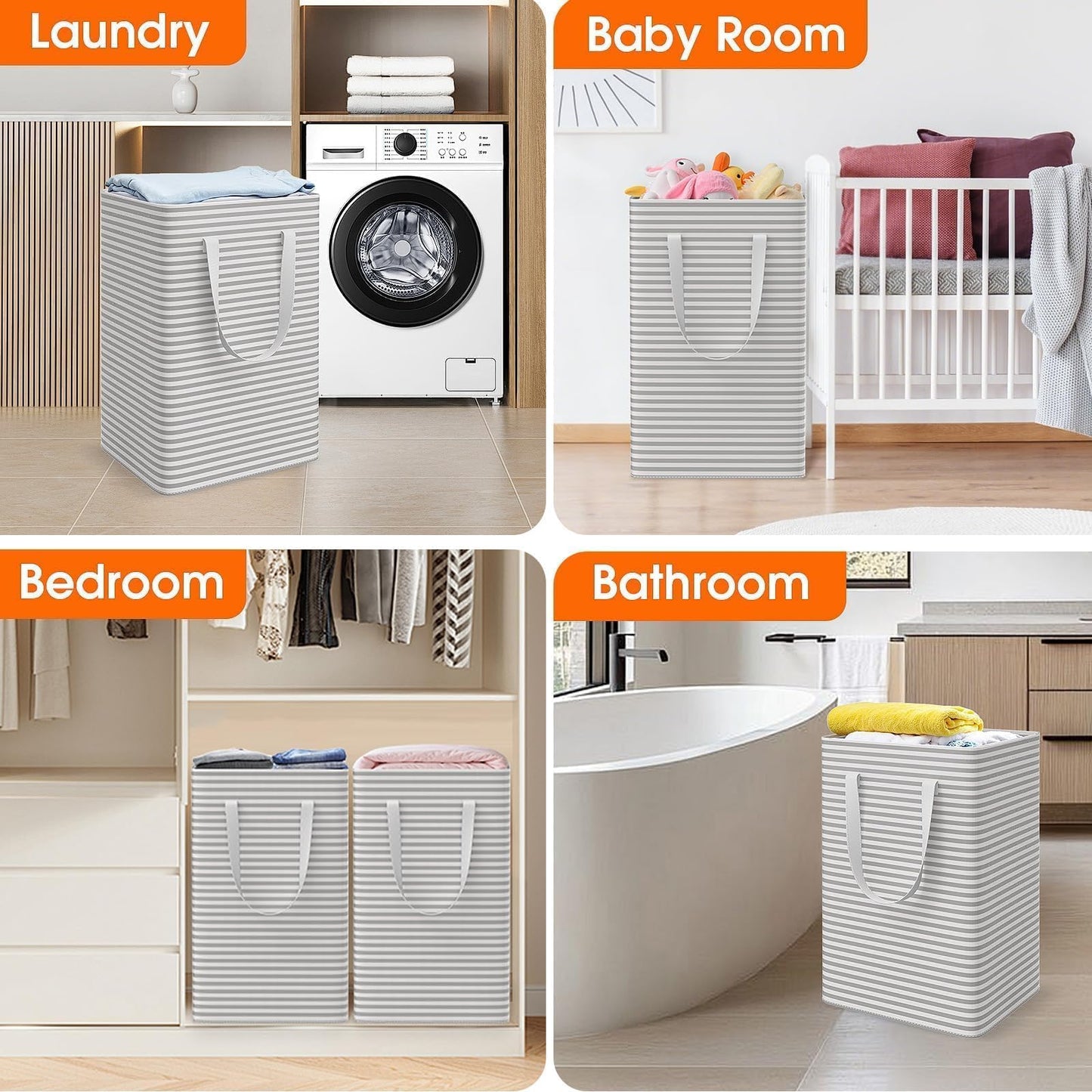 SmartTrends 3 Pack Laundry Basket 75L Each, Waterproof & Freestanding Large Laundry Hamper, Collapsible Clothes Hampers with Easy Carry Handles in Bedroom Bathroom, College Dorm(225L Total, Gray)