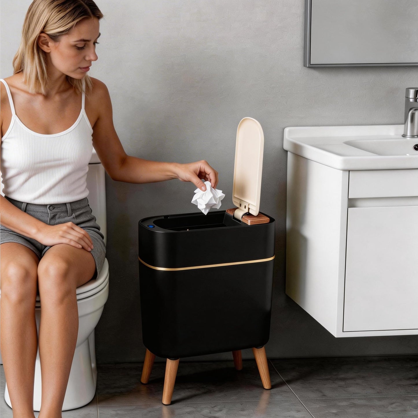 suyika Automatic Trash Can, 2.6 Gallon/10L Bathroom Trash Can with Lid - Wood Grain Lid and Legs, Touchless Waterproof Garbage Bin for Bedroom, Bathroom, Office, Living Room