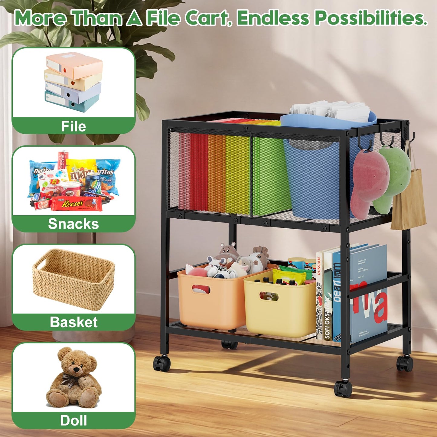 Rolling File Cart for Letter Size, Metal Hanging File Organizer with Storage Shelf, 2-Tier Mobile File Cabinet with 360° Wheels & Hooks, Under Desk Filing Cabinets for Home Office, Black
