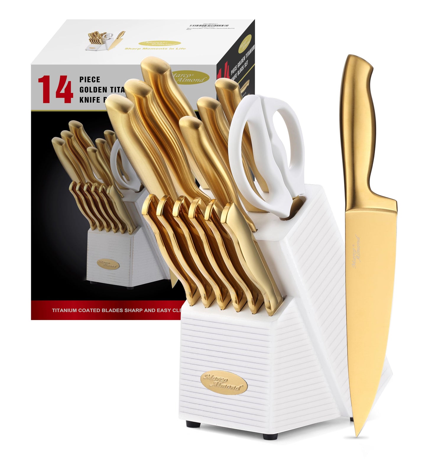 Marco Almond® Gold Knife Set, Knife Block Set MA21,Titanium Coated 14 Pieces Stainless Steel Chef Gold Kitchen Knife Sets with White Block
