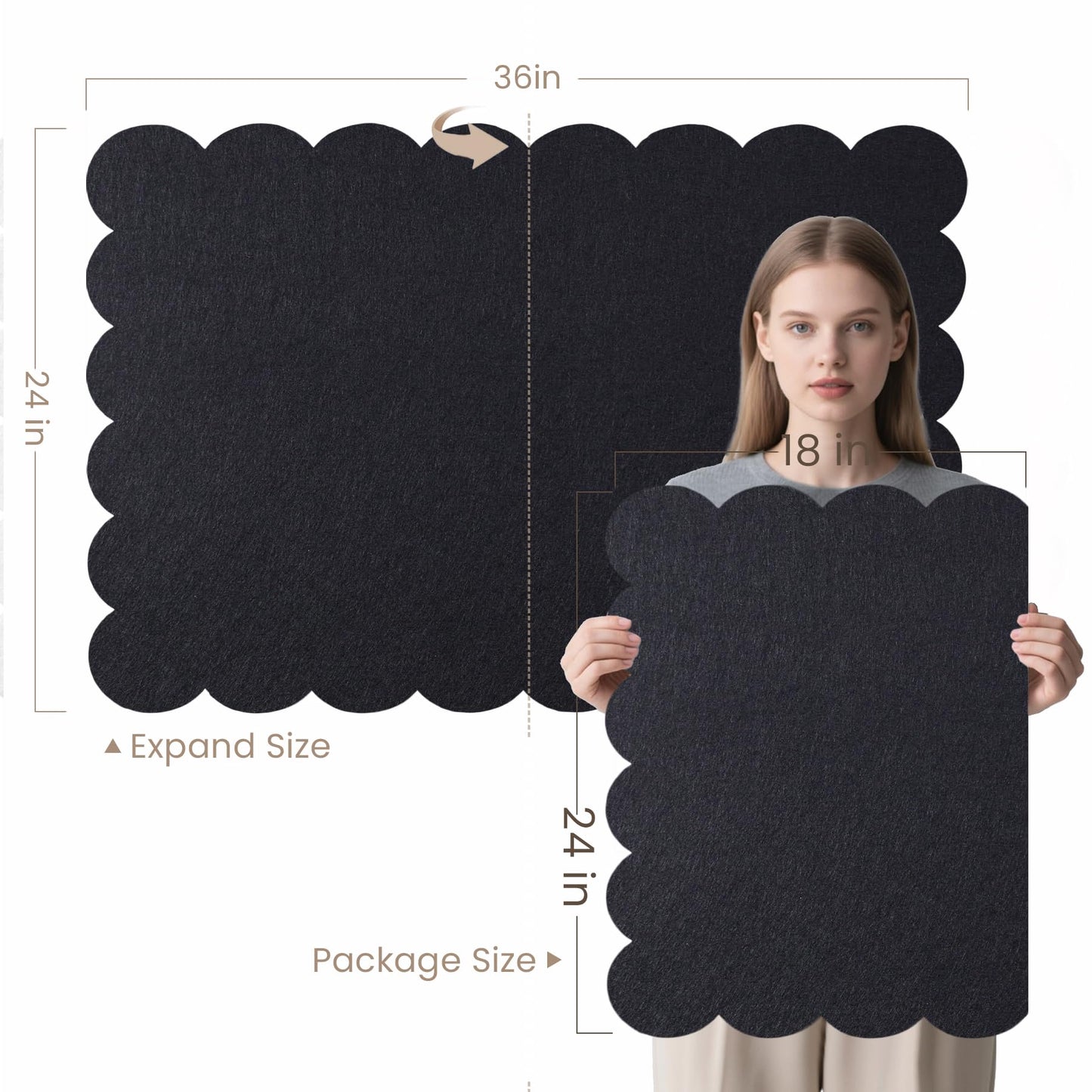 Lightomorrow Scalloped Bulletin Board, 36 x 24 Inches Felt Pin Board - Decorative Cork Alternative for Wall, 3' x 2' Foldable Picture Self-Adhesive Vision Prayer Board with 20 Pushpins - Black