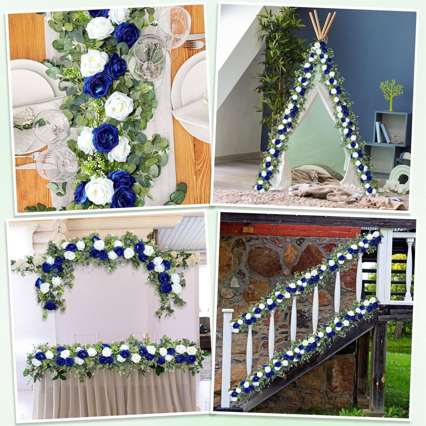 Riceshoot 4 Pcs 26 ft Artificial Eucalyptus Vines Garland with Flowers Faux Floral Greenery Garlands Rose Wreath for Wedding Party Arch Table Decor Backdrop Decorations (Blue and White)