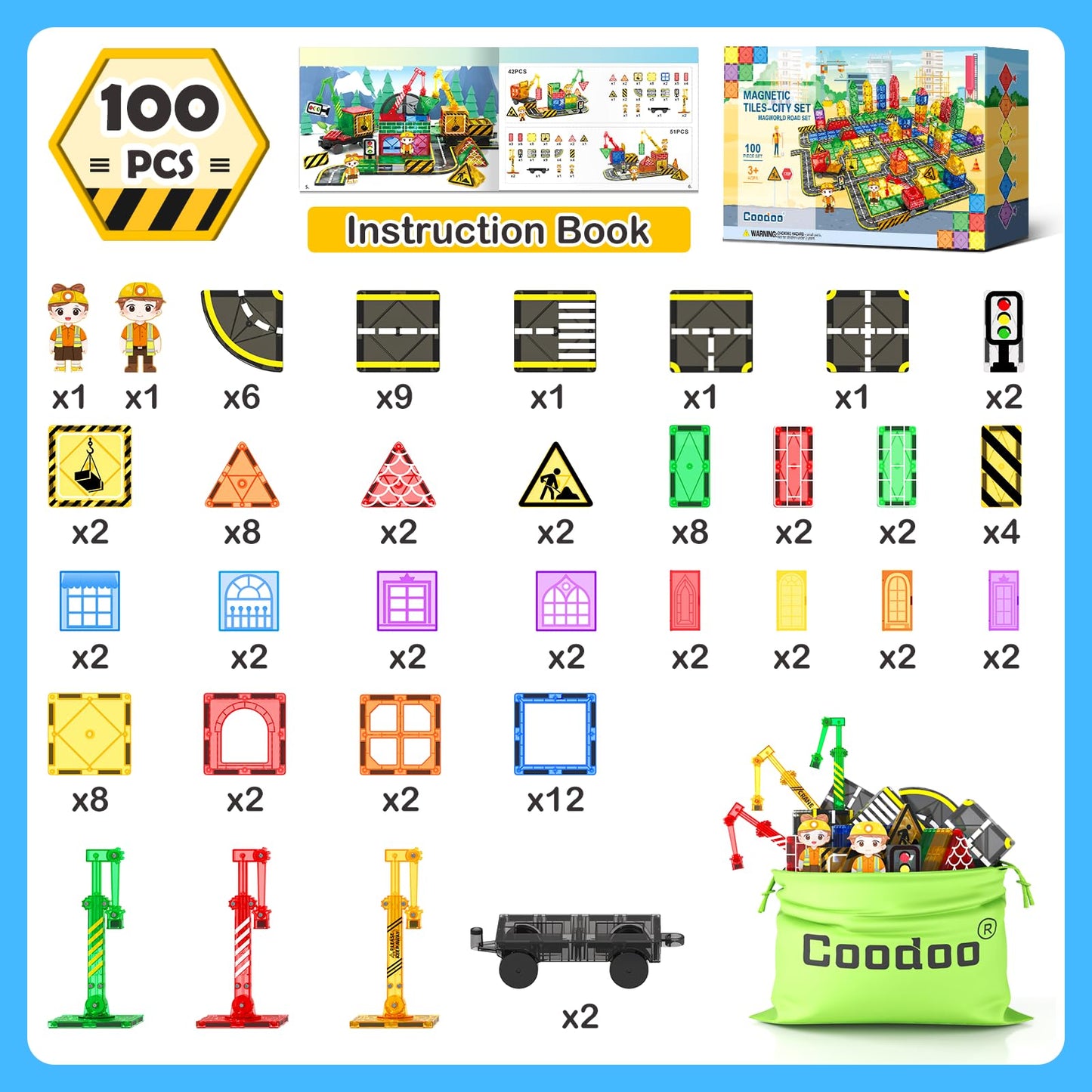 100 PCS Magnetic Tiles Road Set with 3 Cranes & 2 Cars - Magnetic Blocks City Construction Building Toys for 3+ Year Old Boys Girls Ideal Preschool Learning Outdoor Creative Toddler Kids Toys