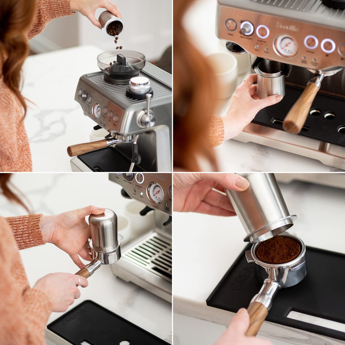 CREMA Coffee Products 54mm Dosing Cup | Compatible with any 54mm Portafilters | Durable 100% Stainless Steel | Built-In Grinder Tab for Easy Transfer | Brushed Silver Finish