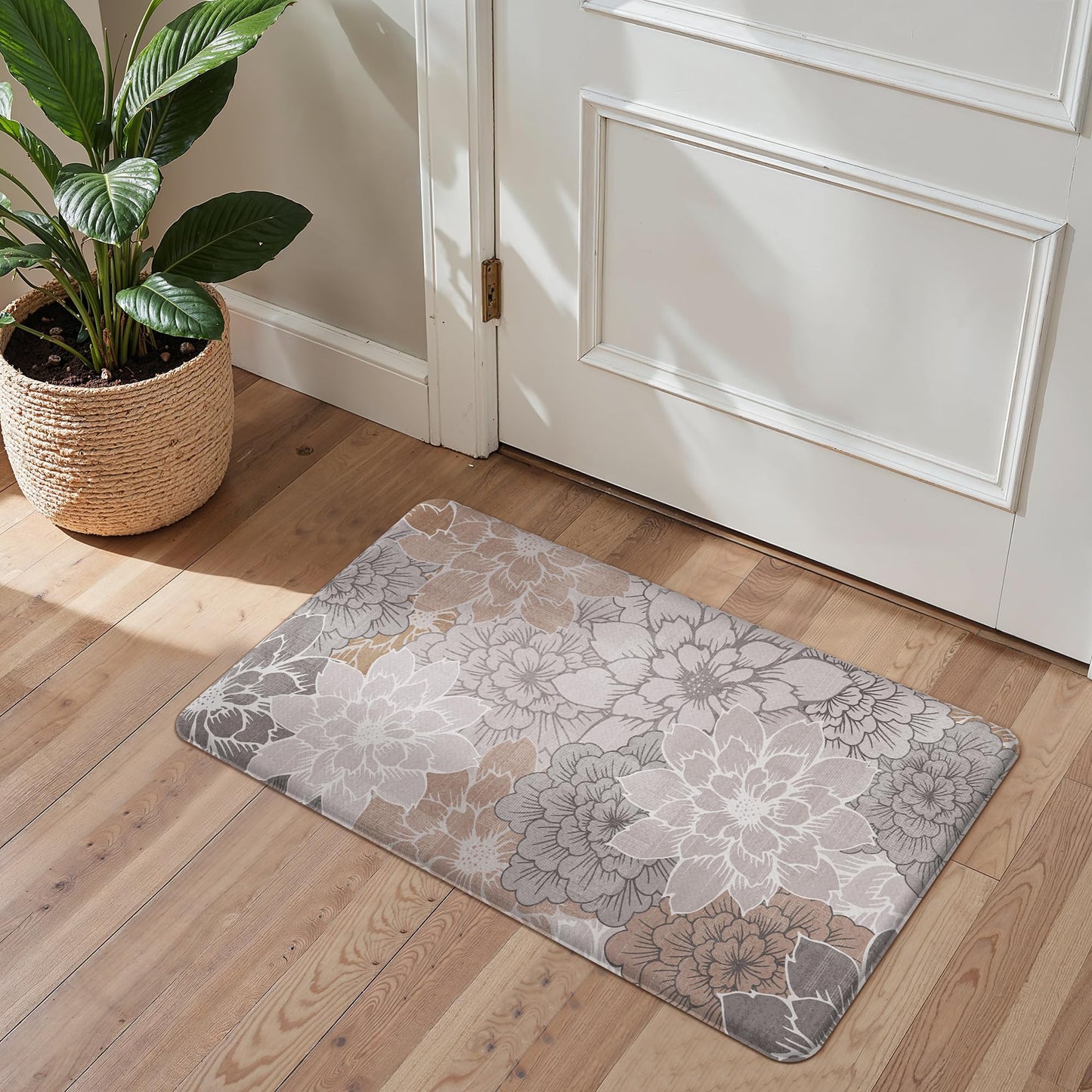 GENIMO Kitchen Mats for Floor, Kitchen Rugs Non Slip Washable Sets of 2, Waterproof Cushioned Anti Fatigue Mat, Floral Runner Rug for Laundry, Sink, Office, Home, 17.3"x47"+17.3"x30", Taupe Grey