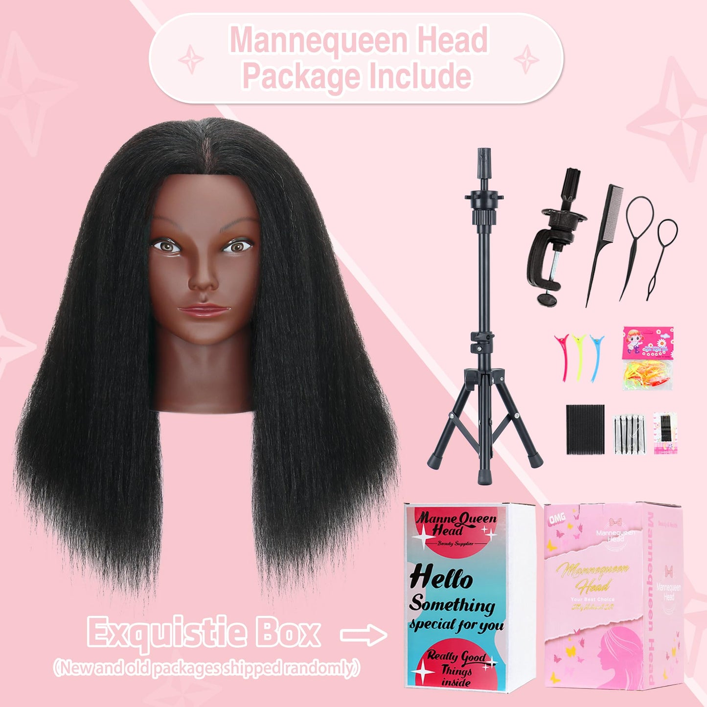 Mannequin Head with Human Hair 16'' Cosmetology Manikin Doll Head with 100% Real Human Hair for Braiding Hairdresser Practice Styling with Tripod Set