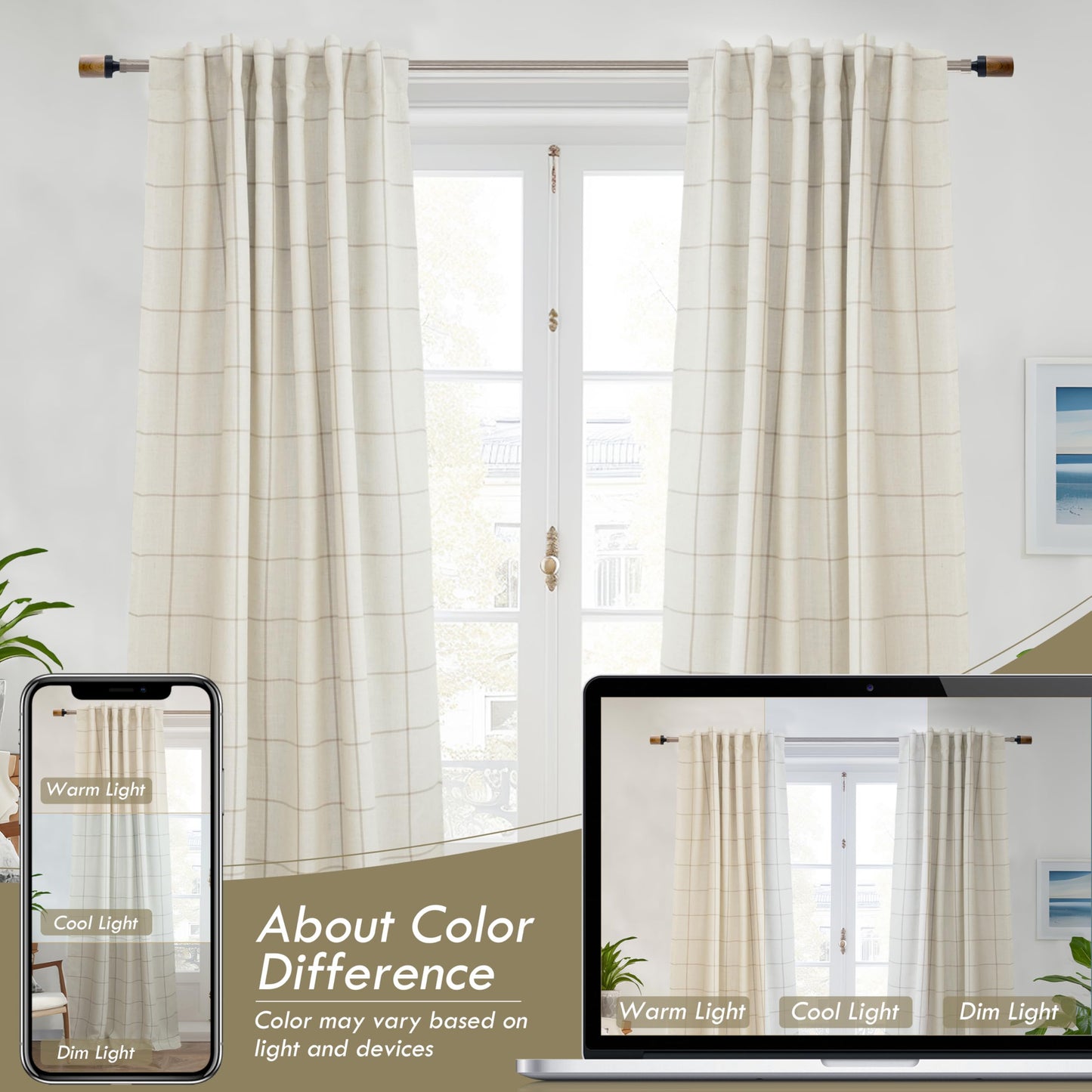 DriftAway 100% Blackout Windowpane Plaid Linen Curtains Double Layer Farmhouse Drapes 84 Inches Long for Living Room Bedroom Yarn Dyed Woven Thermal Insulated Rod Pocket Back Tab 2 Panels Taupe